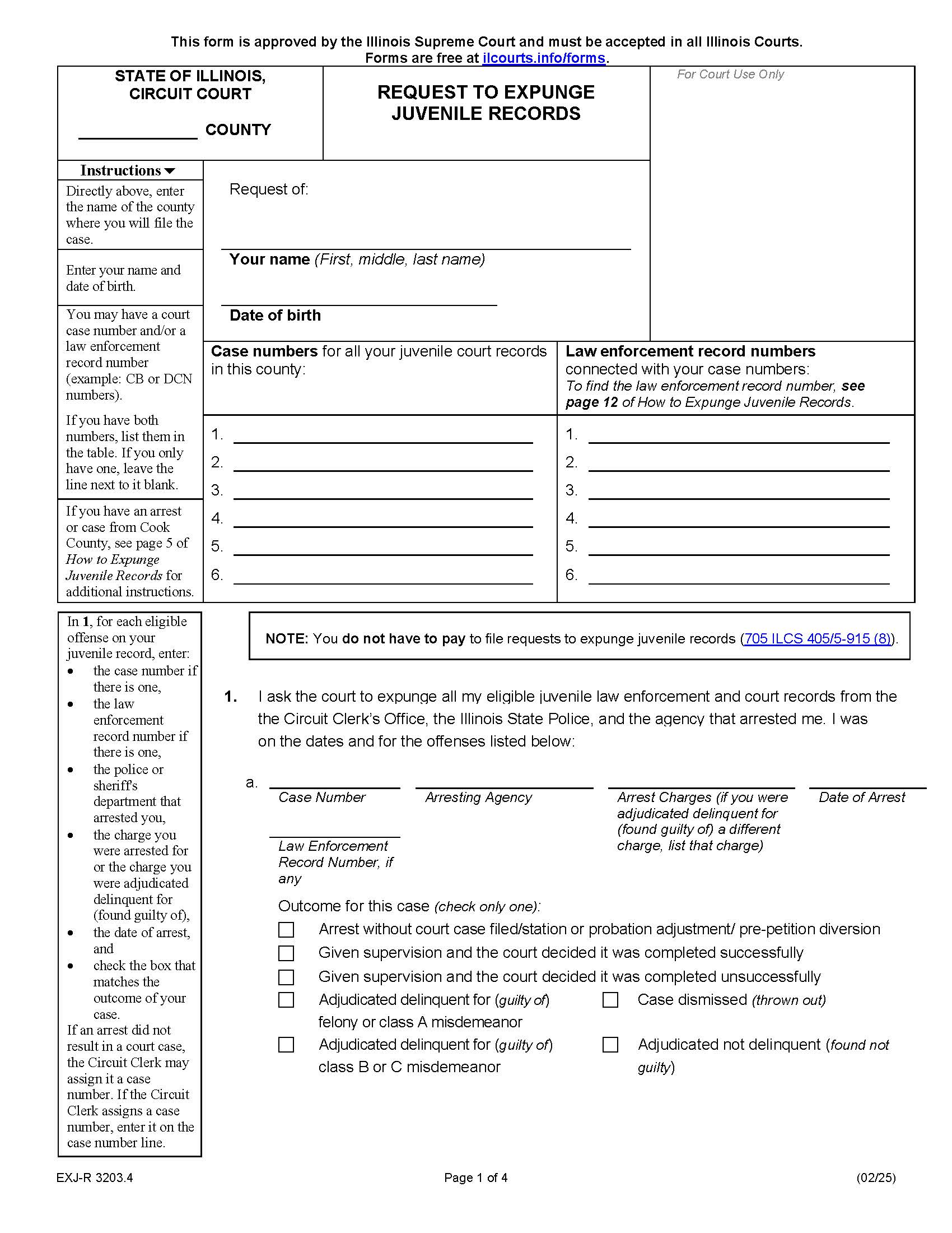 Request To Expunge Juvenile Records {EXJ-R 3203.4} | Pdf Fpdf Docx | Illinois