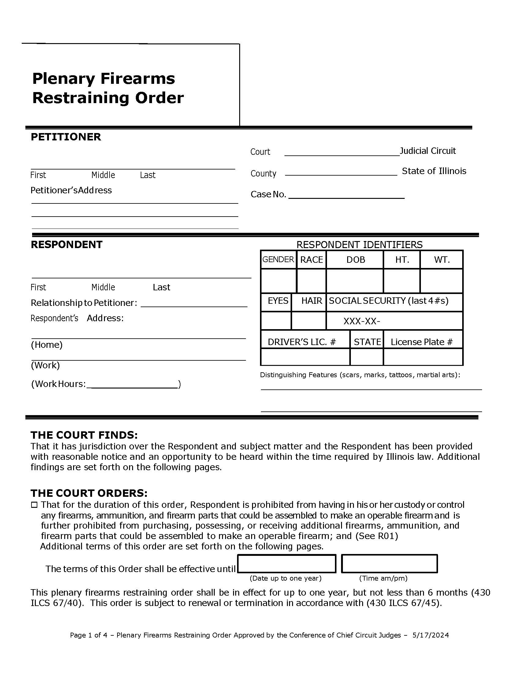 Plenary Firearms Restraining Order | Pdf Fpdf Docx | Illinois