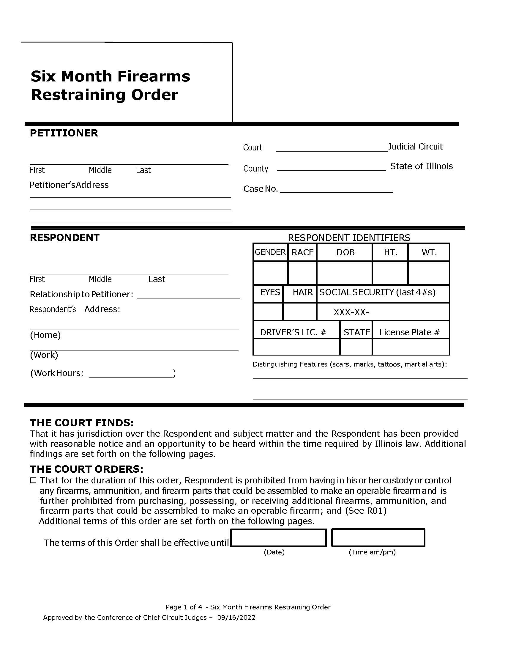 Six Month Firearms Restraining Order | Pdf Fpdf Docx | Illinois
