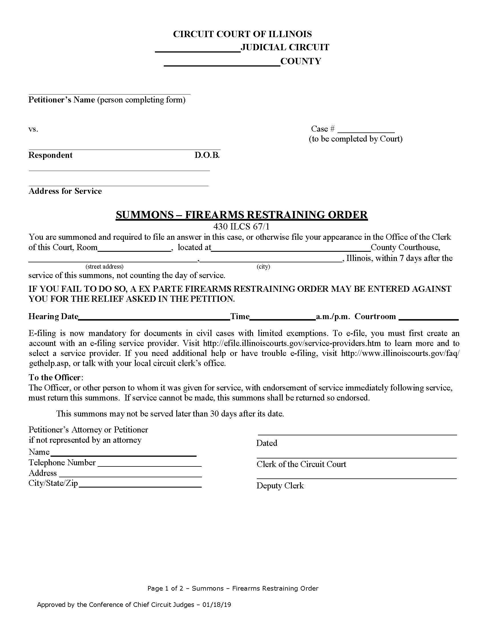 Summons - Firearms Restraining Order | Pdf Fpdf Docx | Illinois