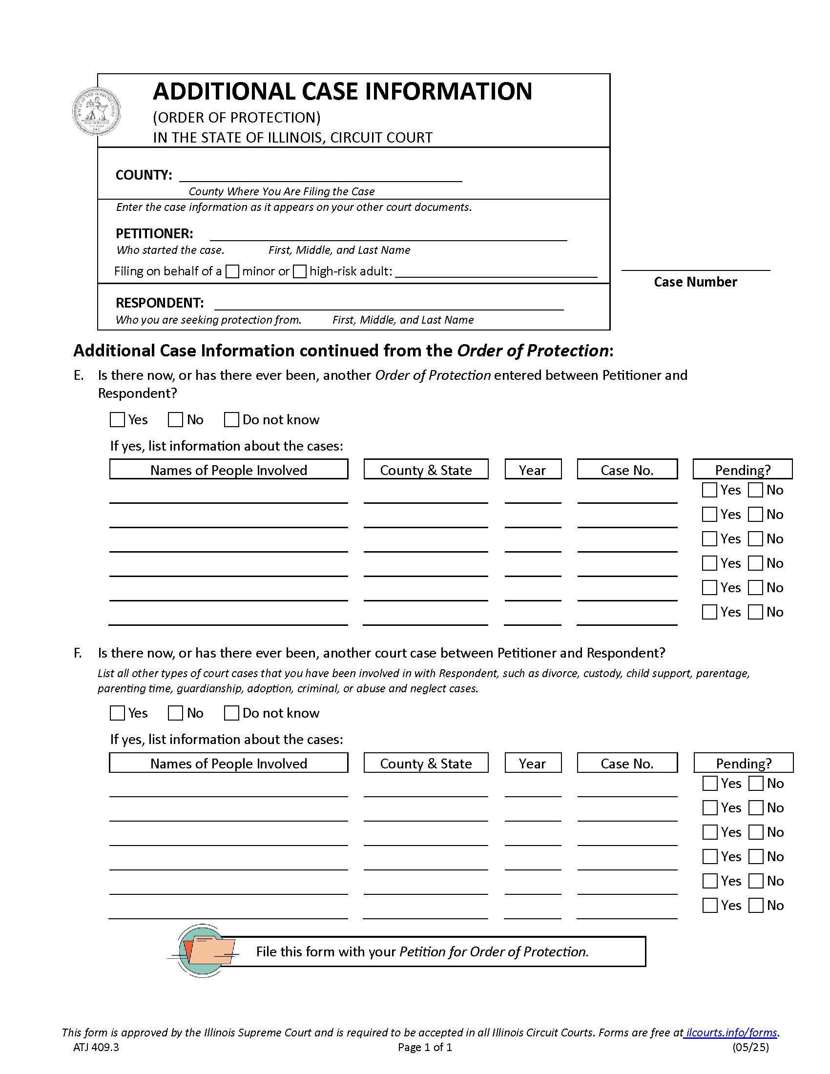 Additional Case Information (Order Of Protection) {OP-AC 409.3} | Pdf Fpdf Docx | Illinois