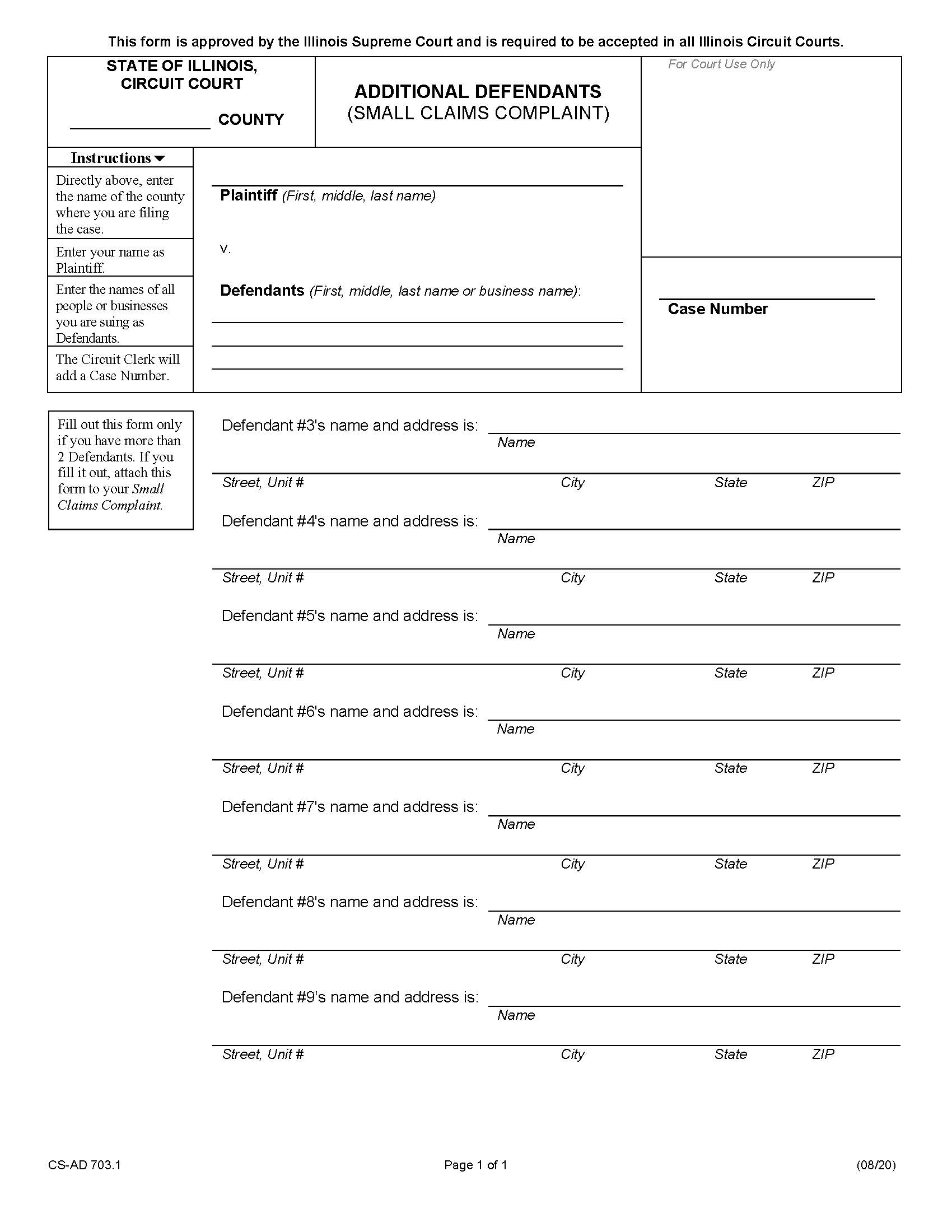 Additional Defendants (Small Claims Complaint) {CS-AD 703.1} | Pdf Fpdf Docx | Illinois