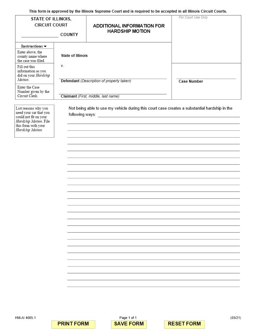 Additional Information For Hardship Motion (Civil Asset Forfeiture) {HM-AI 4005.1} | Pdf Fpdf Docx | Illinois