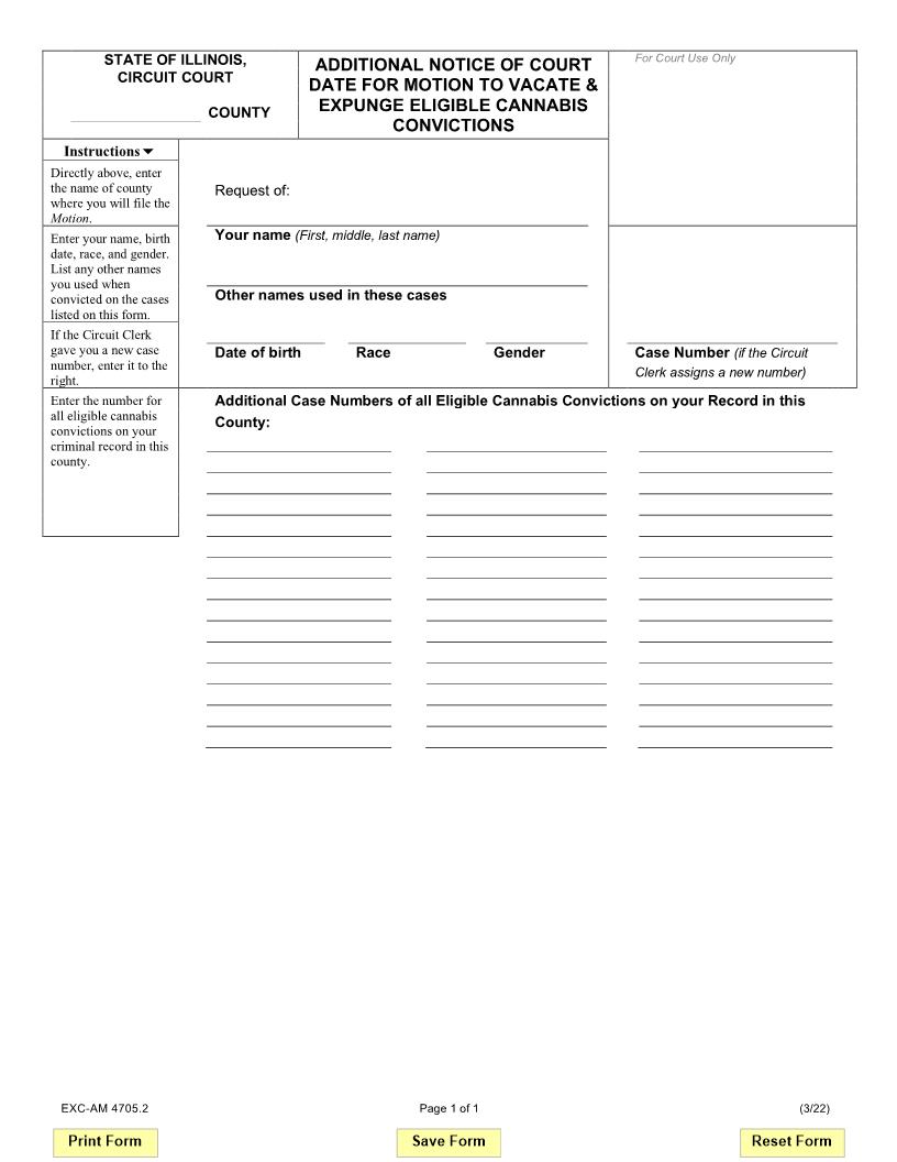 Additional Notice Court Date Motion To Vacate Expunge Cannabis Convictions {EXC-AM 4705.2} | Pdf Fpdf Docx | Illinois