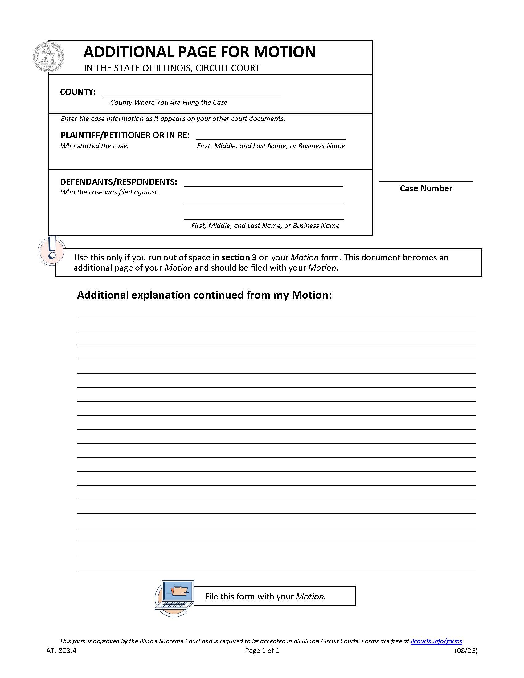 Additional Page For Motion {ATJ 803.4} | Pdf Fpdf Docx | Illinois