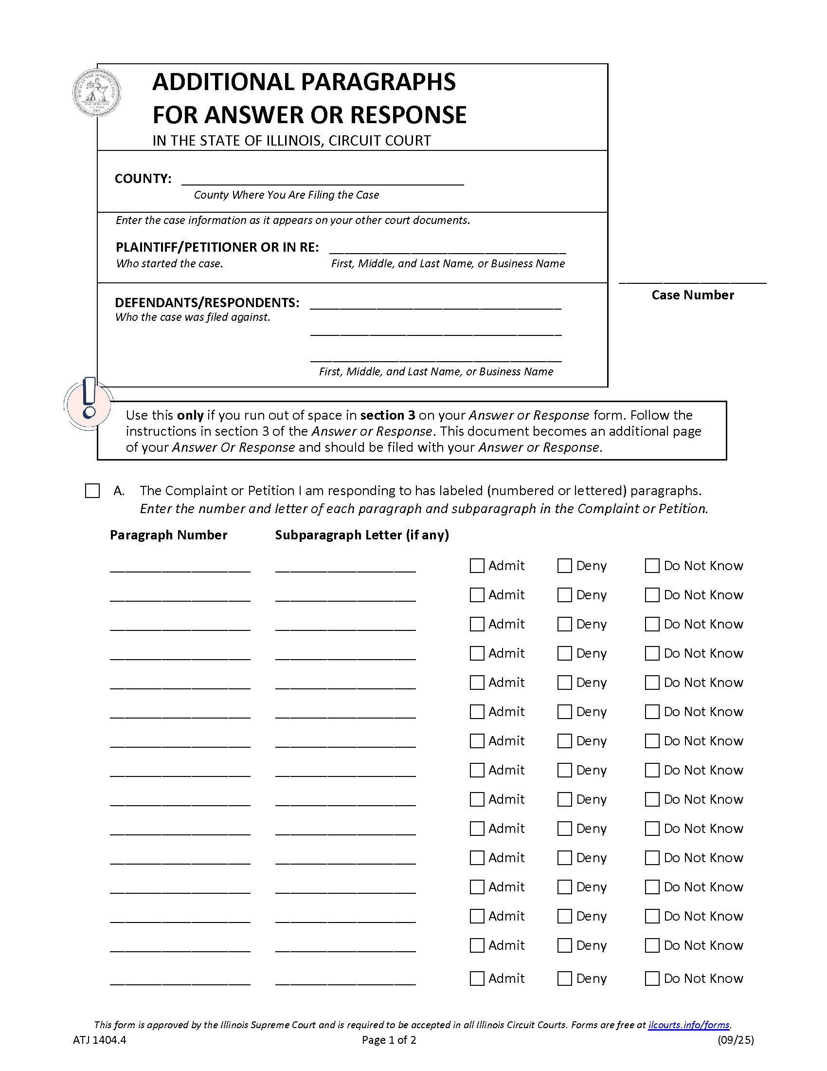 Additional Paragraphs For Answer Or Response {ATJ 1404.4} | Pdf Fpdf Docx | Illinois