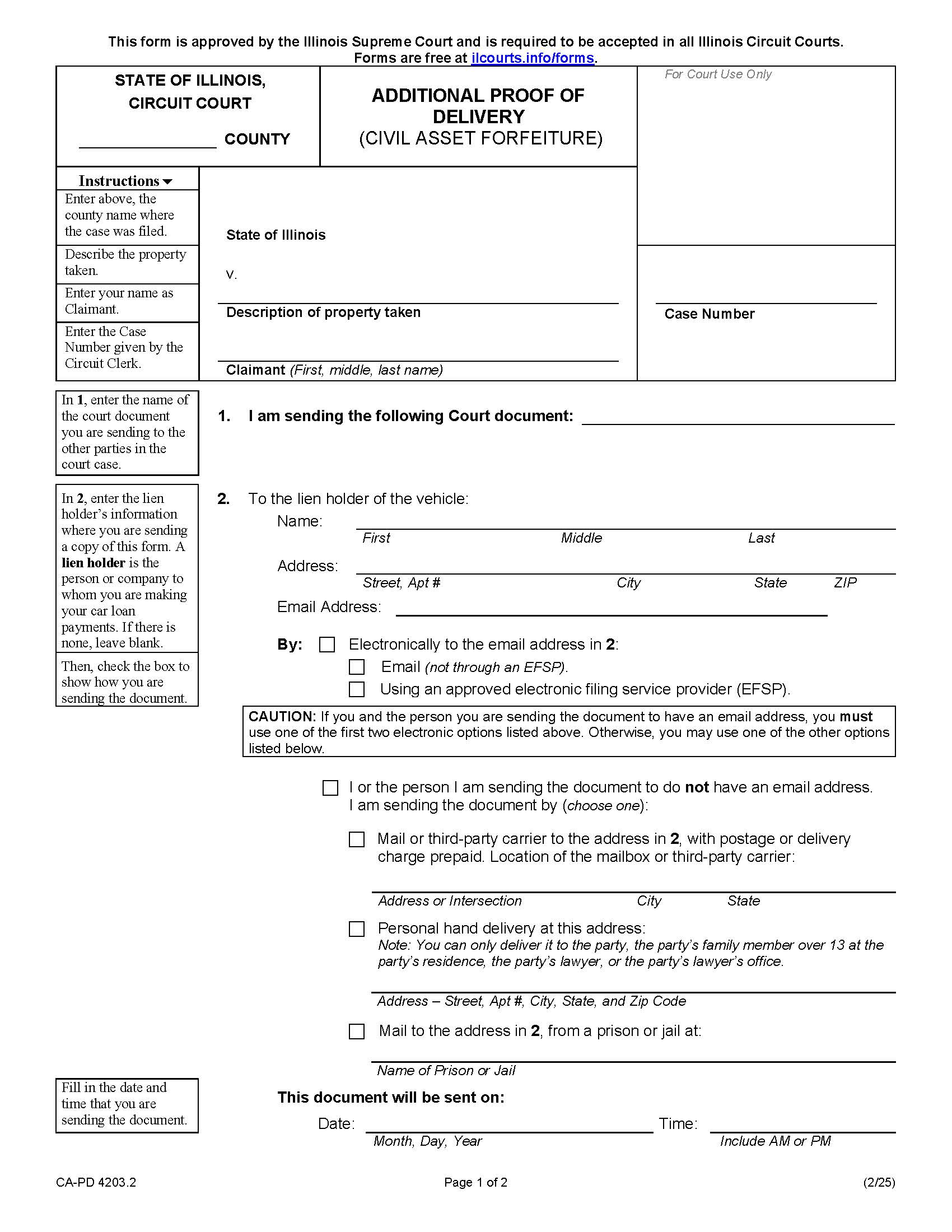 Additional Proof Of Delivery (Civil Asset Forfeiture) {CA-PD 4203.2} | Pdf Fpdf Docx | Illinois