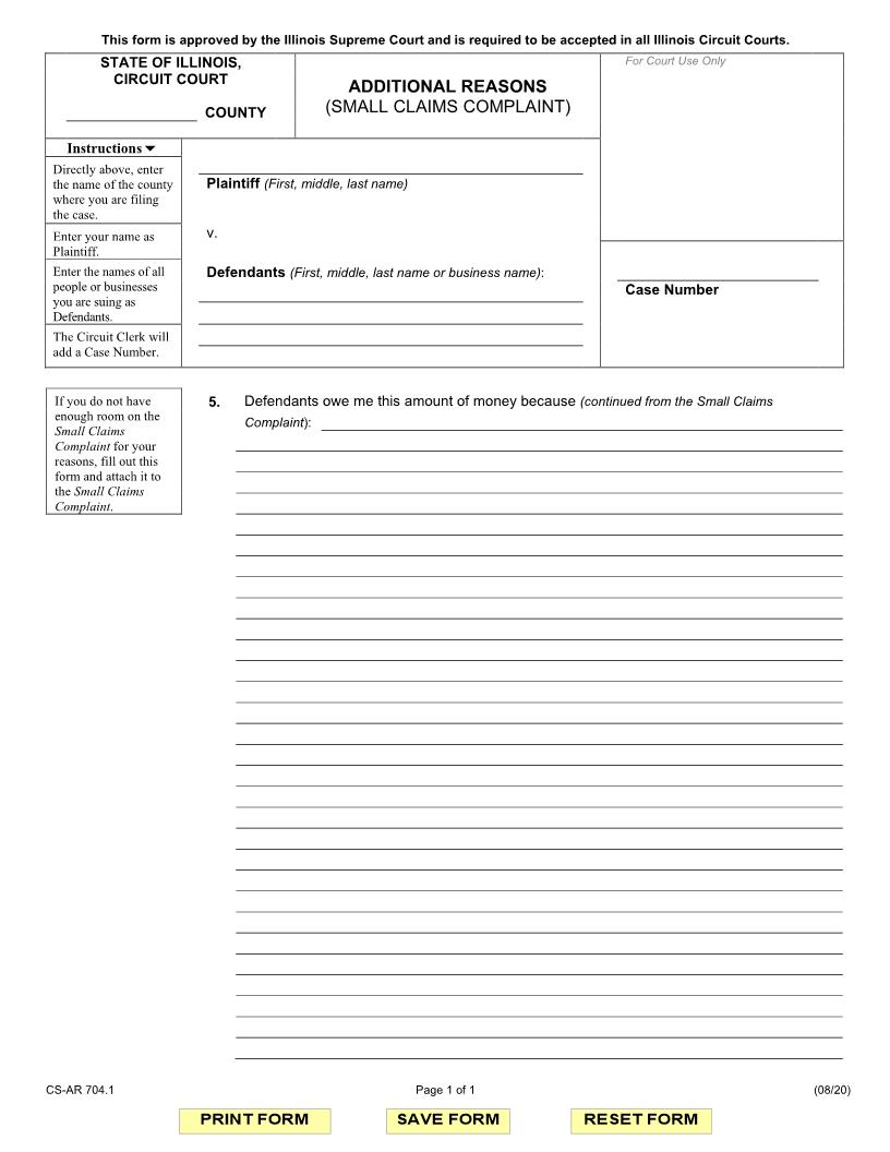 Additional Reasons (Small Claims Complaint) {CS-AR 704.1} | Pdf Fpdf Docx | Illinois