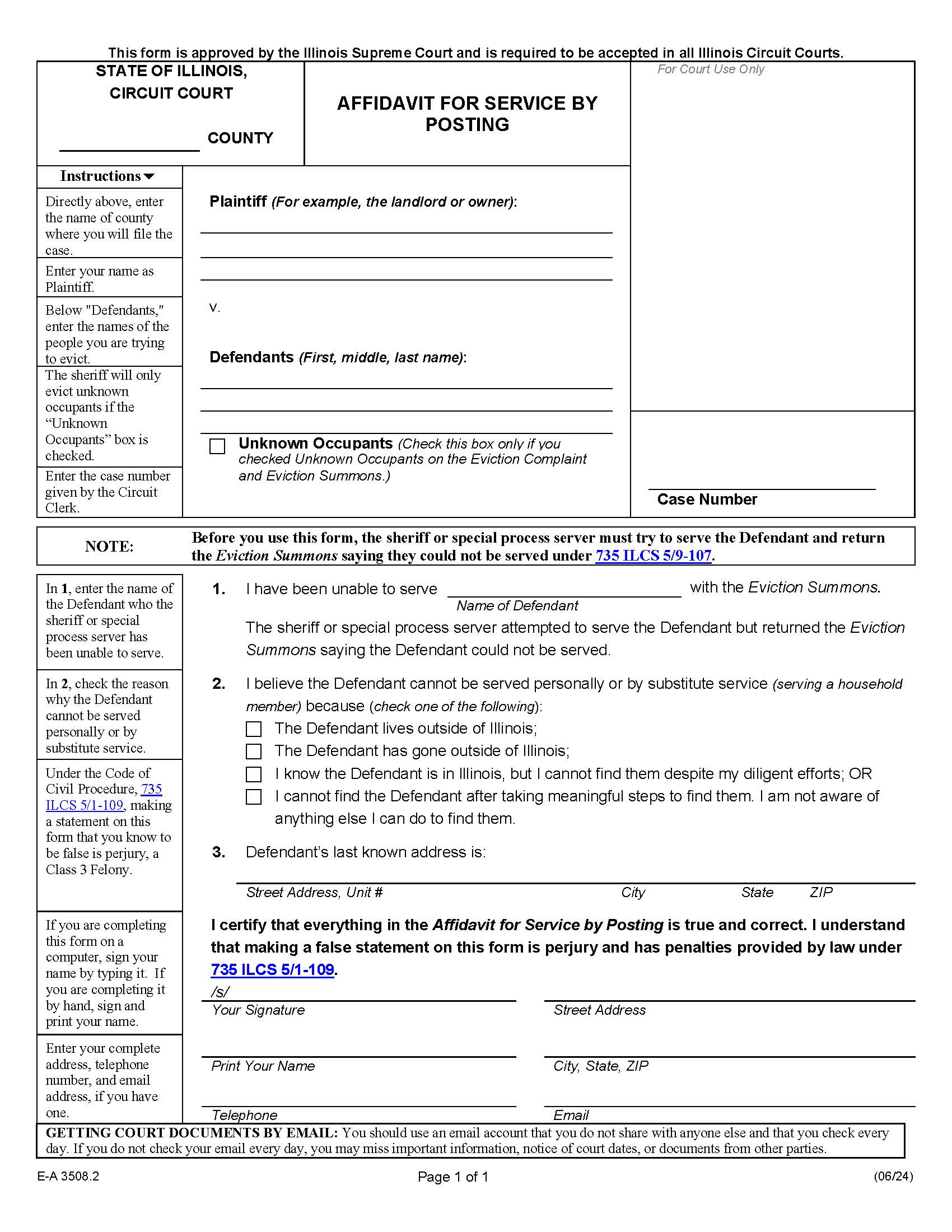 Affidavit For Service By Posting {E-A 3508.2} | Pdf Fpdf Docx | Illinois