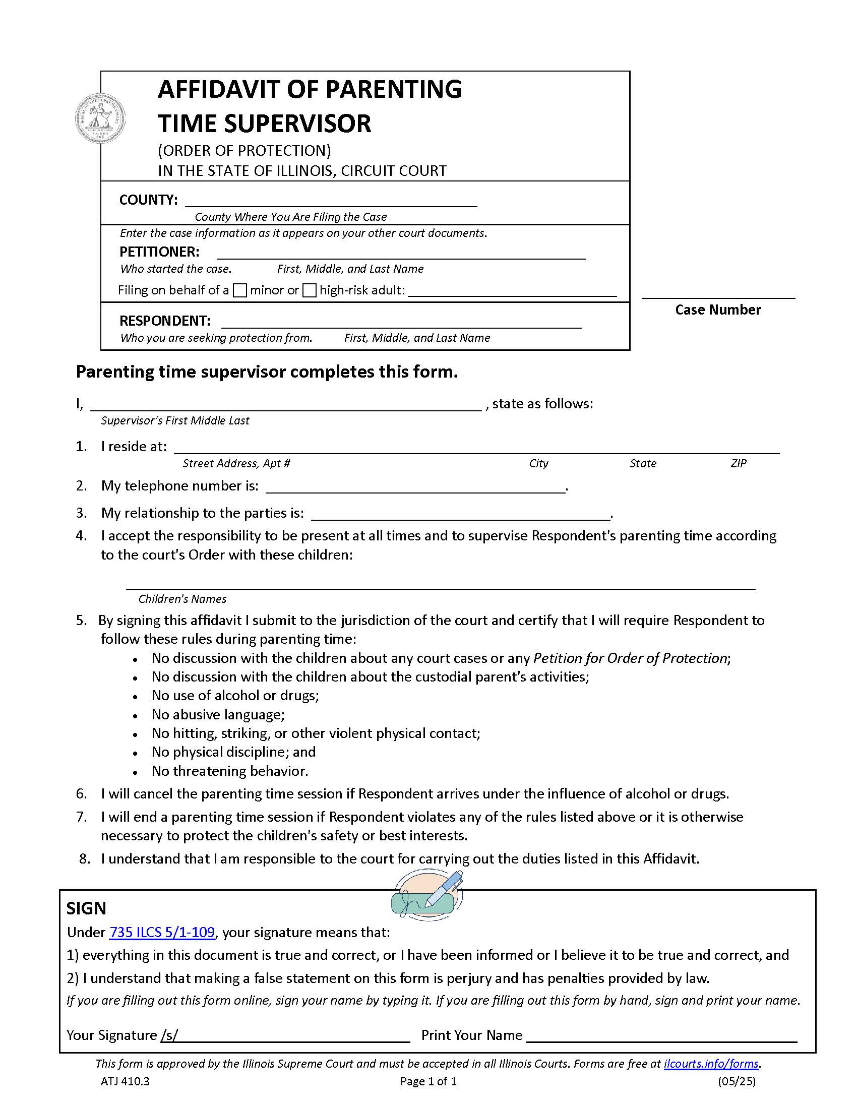 Affidavit Of Parenting TIme Supervisor {OP-AS 410.2} | Pdf Fpdf Docx | Illinois