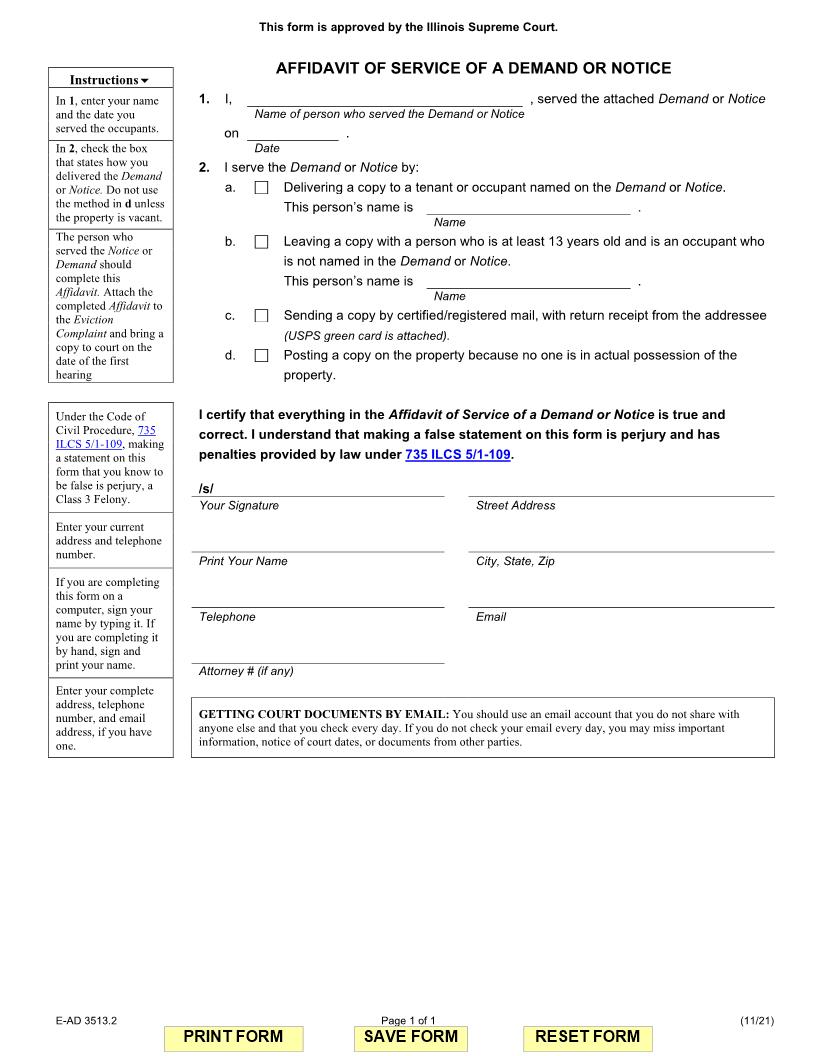 Affidavit Of Service Of Demand Or Notice {E-AD 3513.2} | Pdf Fpdf Docx | Illinois