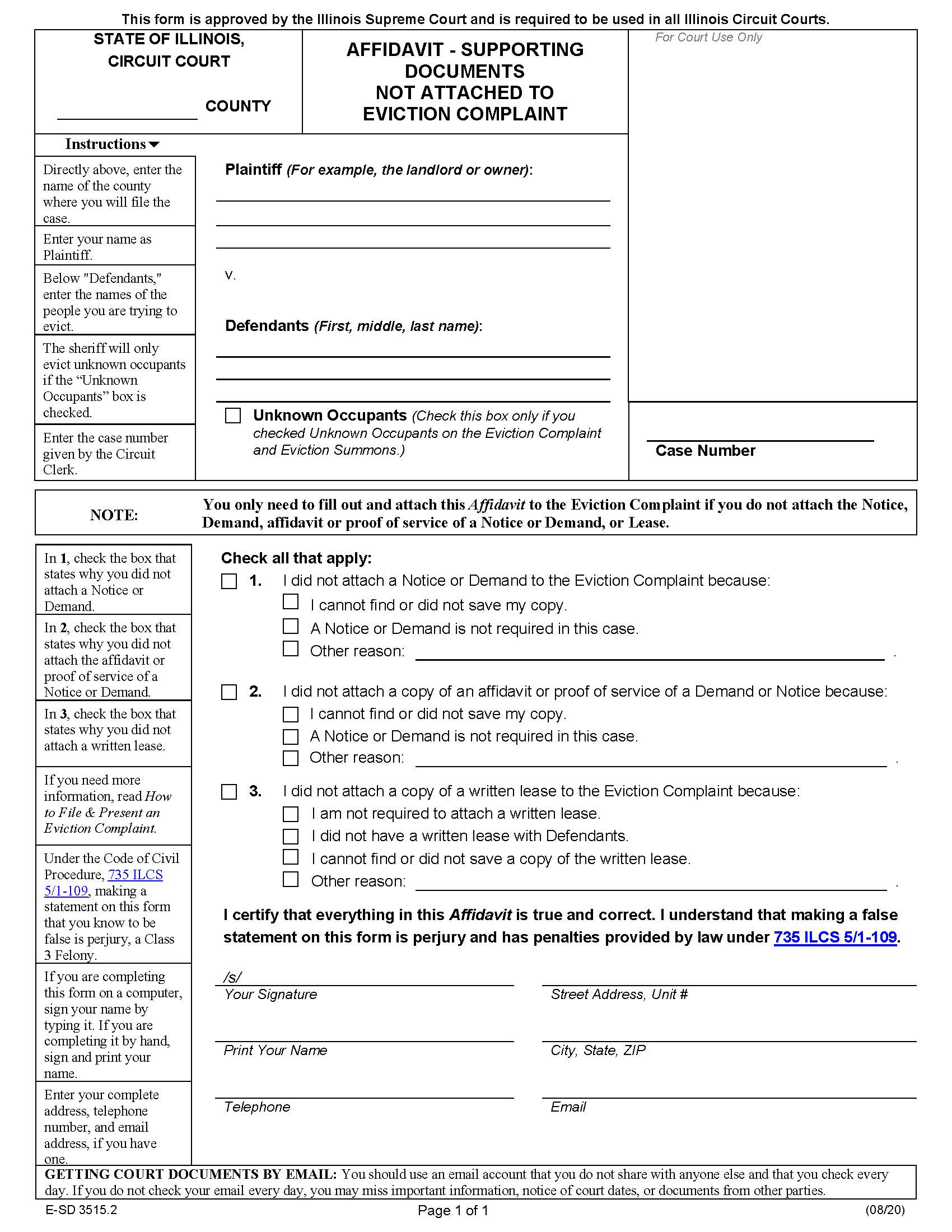 Affidavit Of Supporting Documents Not Attached To Eviction Complaint {E-SD 3515.2} | Pdf Fpdf Docx | Illinois