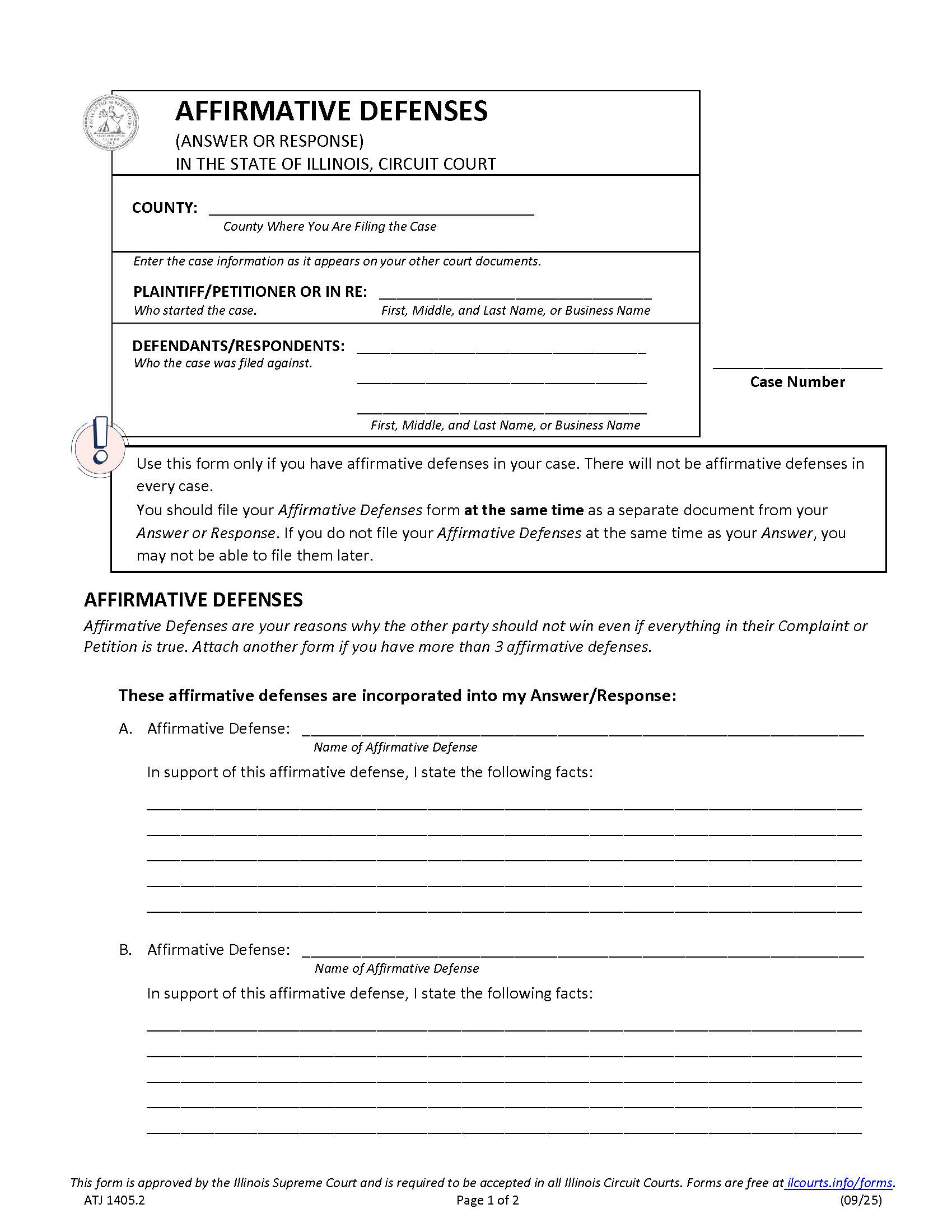 Affirmative Defenses (Answer Or Response) {ATJ 1405.2} | Pdf Fpdf Docx | Illinois