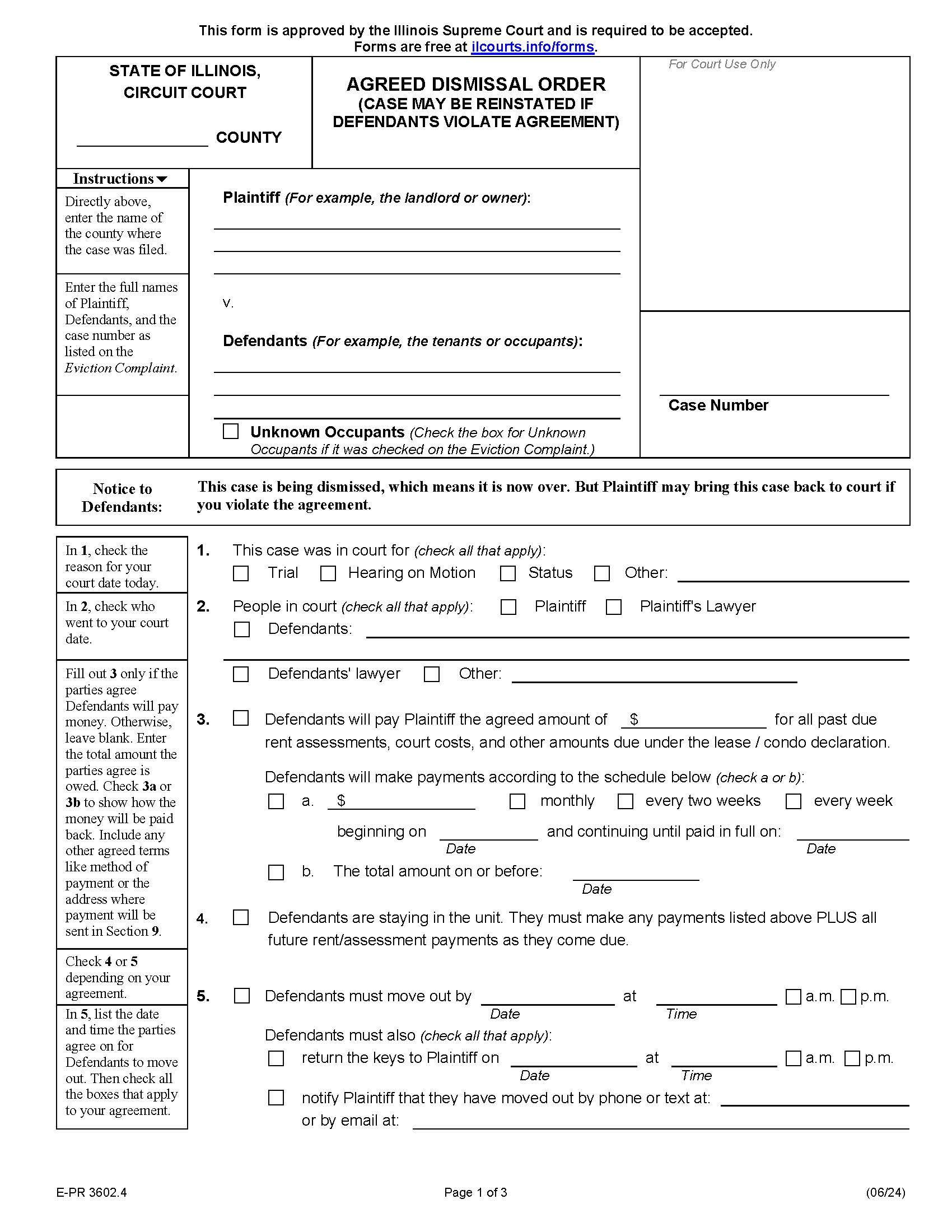 Agreed Dismissal Order (Case May Be Reinstated If Defendants Violate) {E-PR 3602.4} | Pdf Fpdf Docx | Illinois