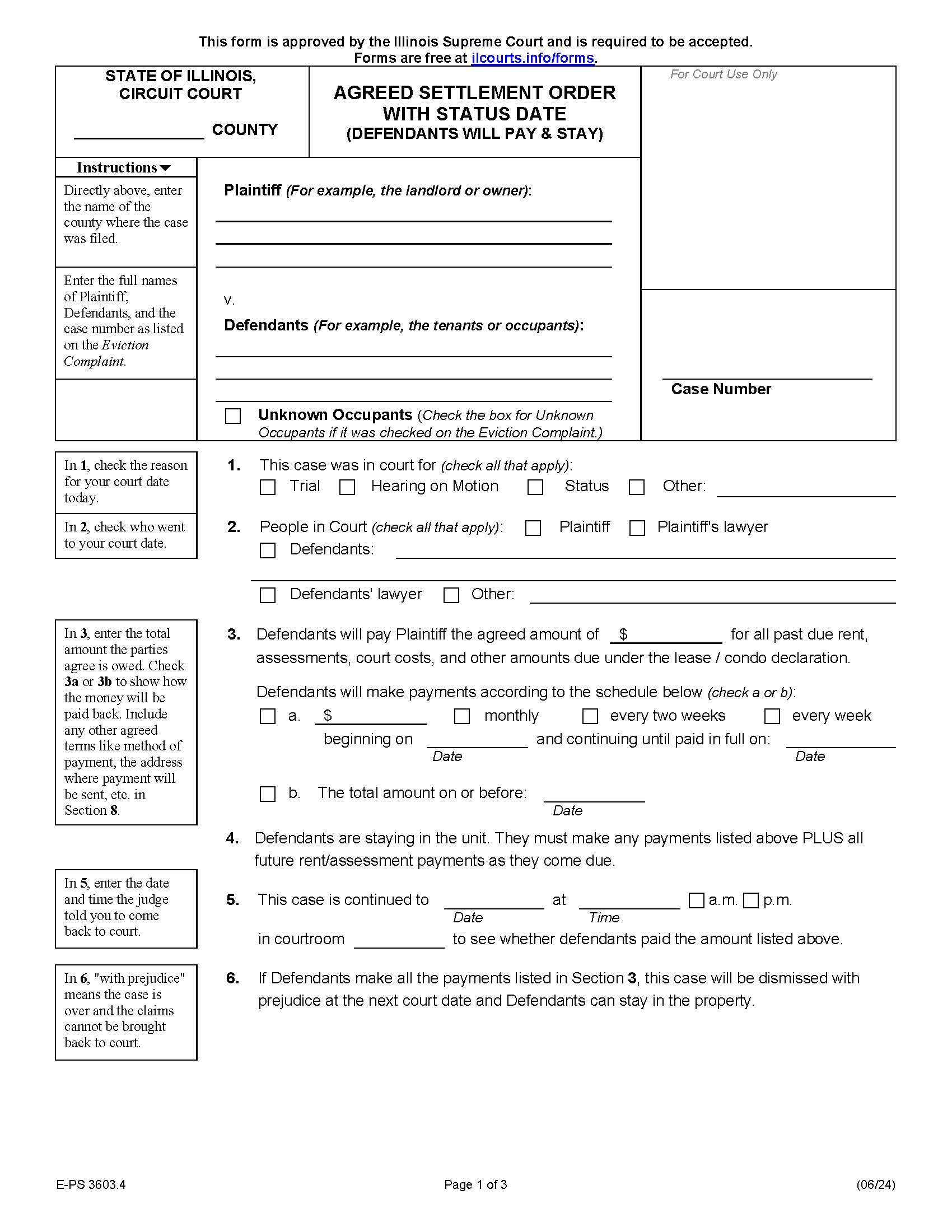 Agreed Settlement Order With Status Date (Defendants Pay And Stay) {E-DM 3603.4} | Pdf Fpdf Docx | Illinois