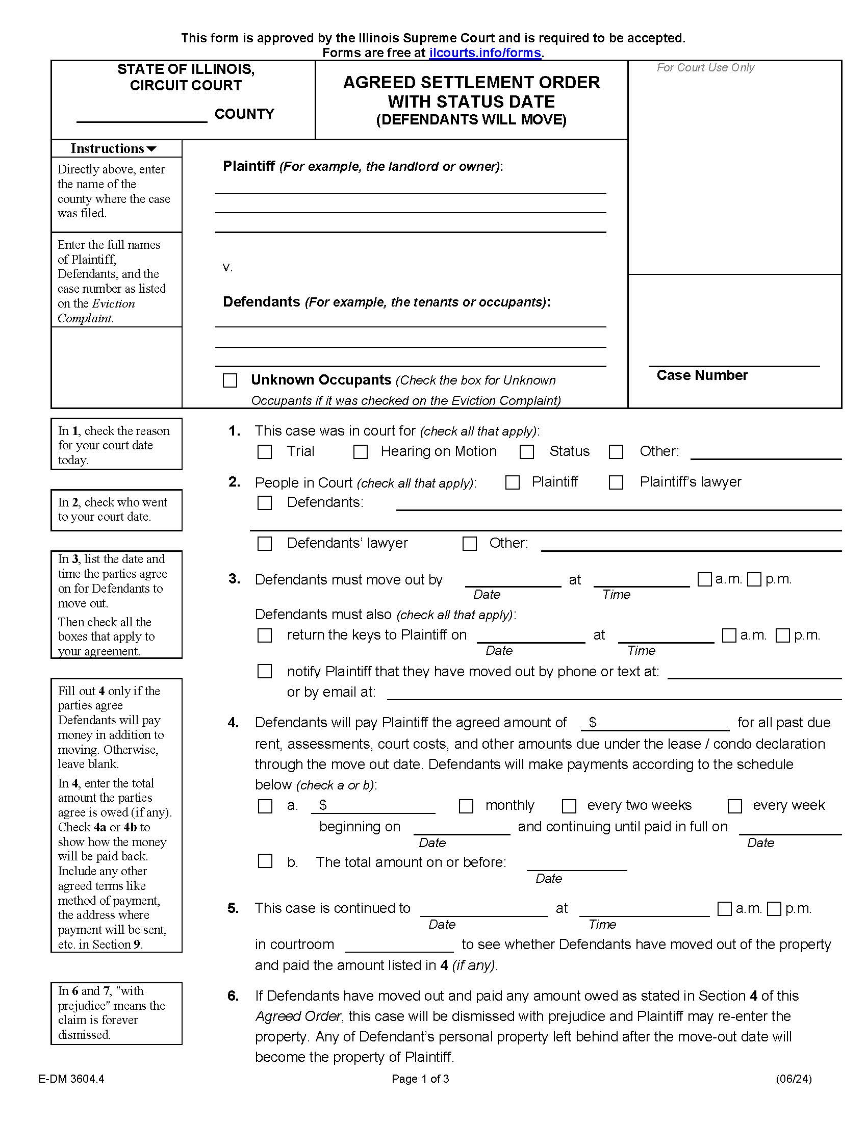 Agreed Settlement Order With Status Date (Defendants Will Move) {E-DM 3604.4} | Pdf Fpdf Docx | Illinois