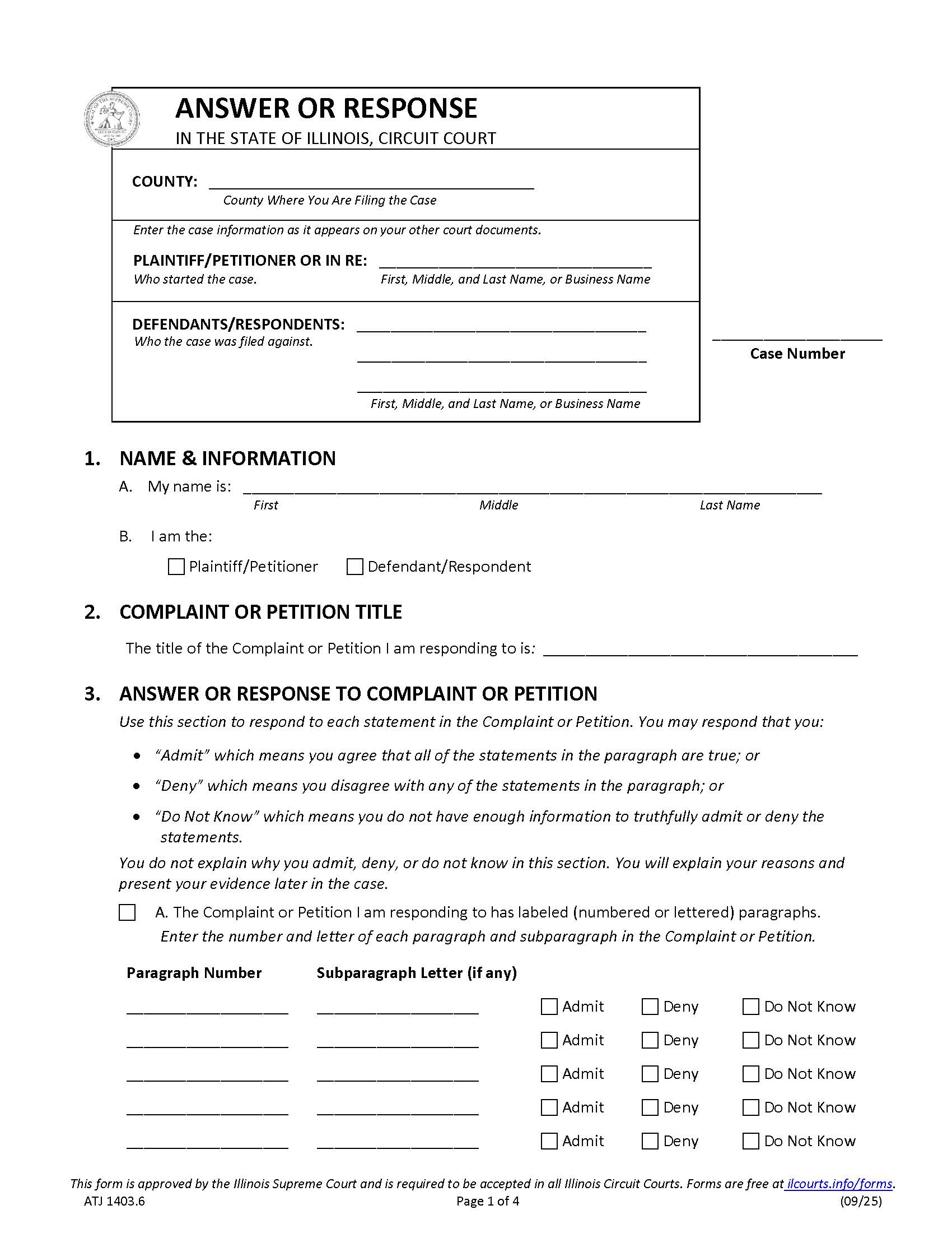 Answer Or Response {ATJ 1403.6} | Pdf Fpdf Docx | Illinois