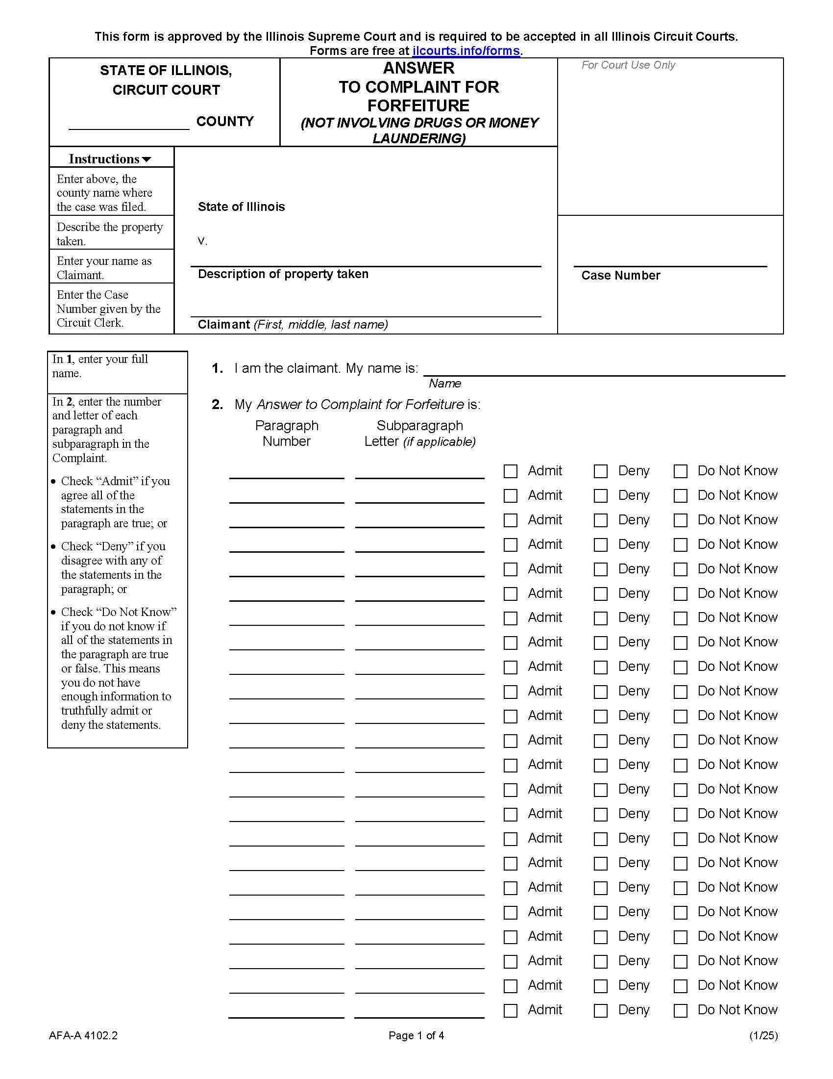 Answer To Complaint For Forfeiture (Not Involving Drugs Or Money Laundering) {AFA-A 4102.2} | Pdf Fpdf Docx | Illinois