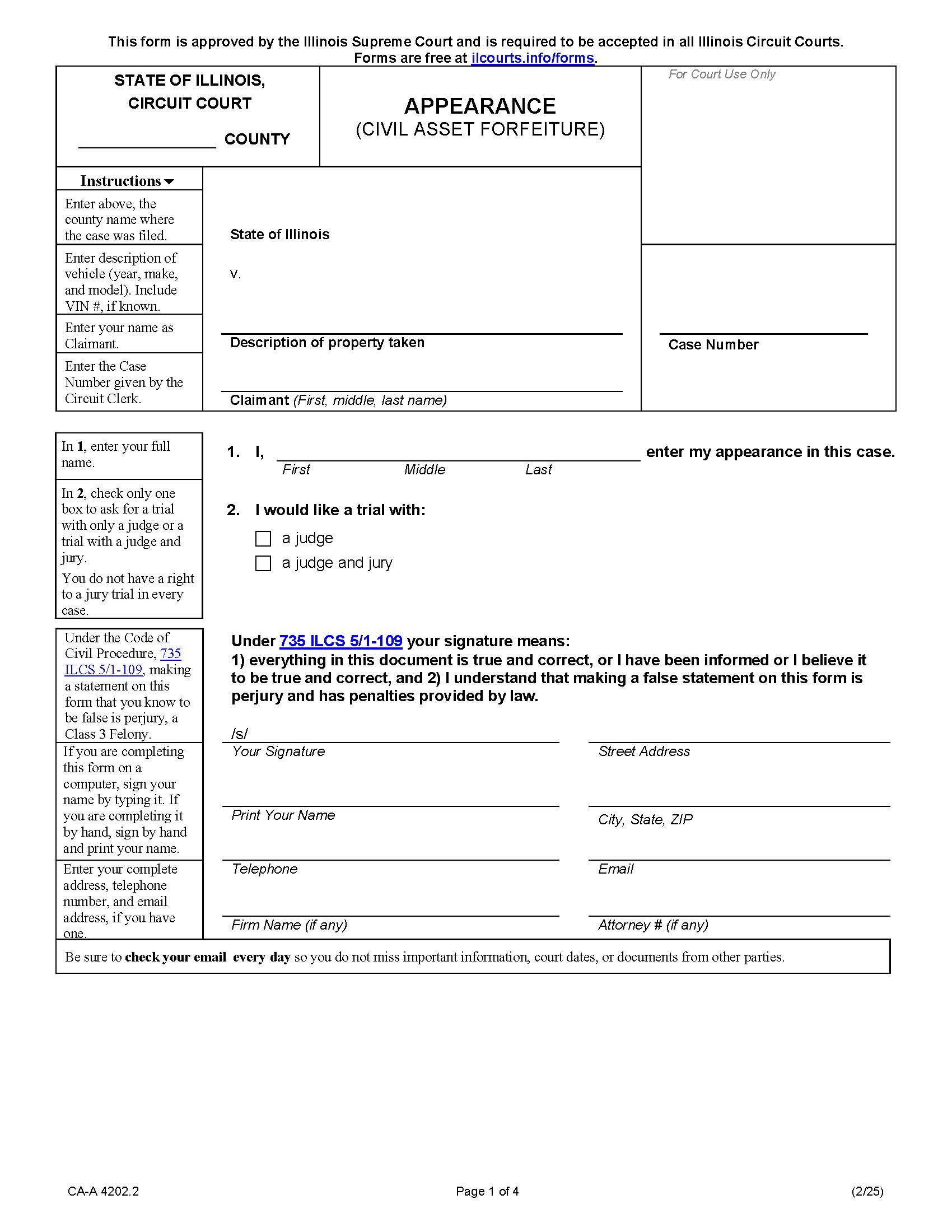 Appearance (Civil Asset Forfeiture) {CA-A 4202.2} | Pdf Fpdf Docx | Illinois