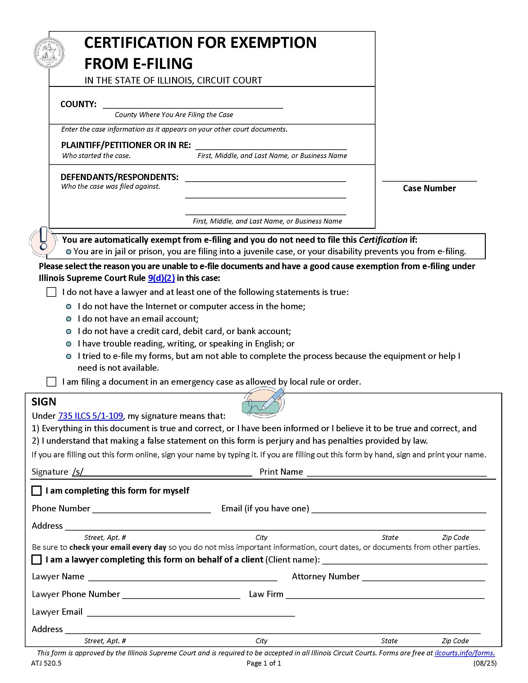 Certification For Exemption From Efiling {ATJ 520.5} | Pdf Fpdf Docx | Illinois