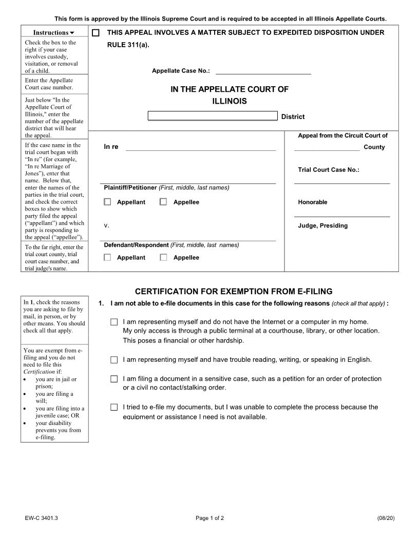 Certification For Exemption From Efiling (Appellate Court) {EW-C 3401.3} | Pdf Fpdf Docx | Illinois