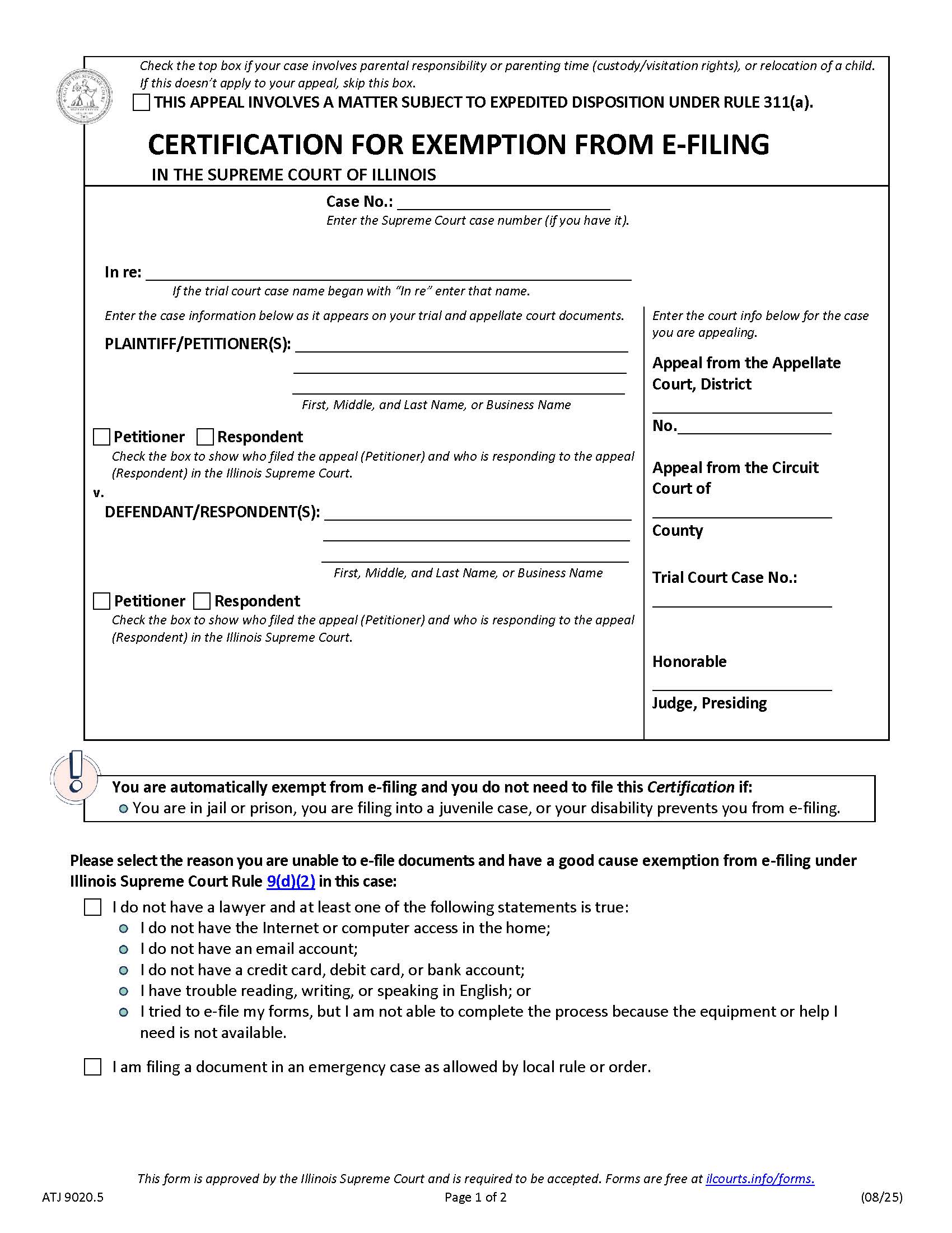 Certification For Exemption From Efiling (Supreme Court) {ATJ 9020.5} | Pdf Fpdf Docx | Illinois
