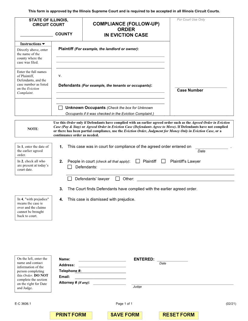 Compliance (Follow-Up) Order In Eviction Case {E-C 3606.1} | Pdf Fpdf Docx | Illinois