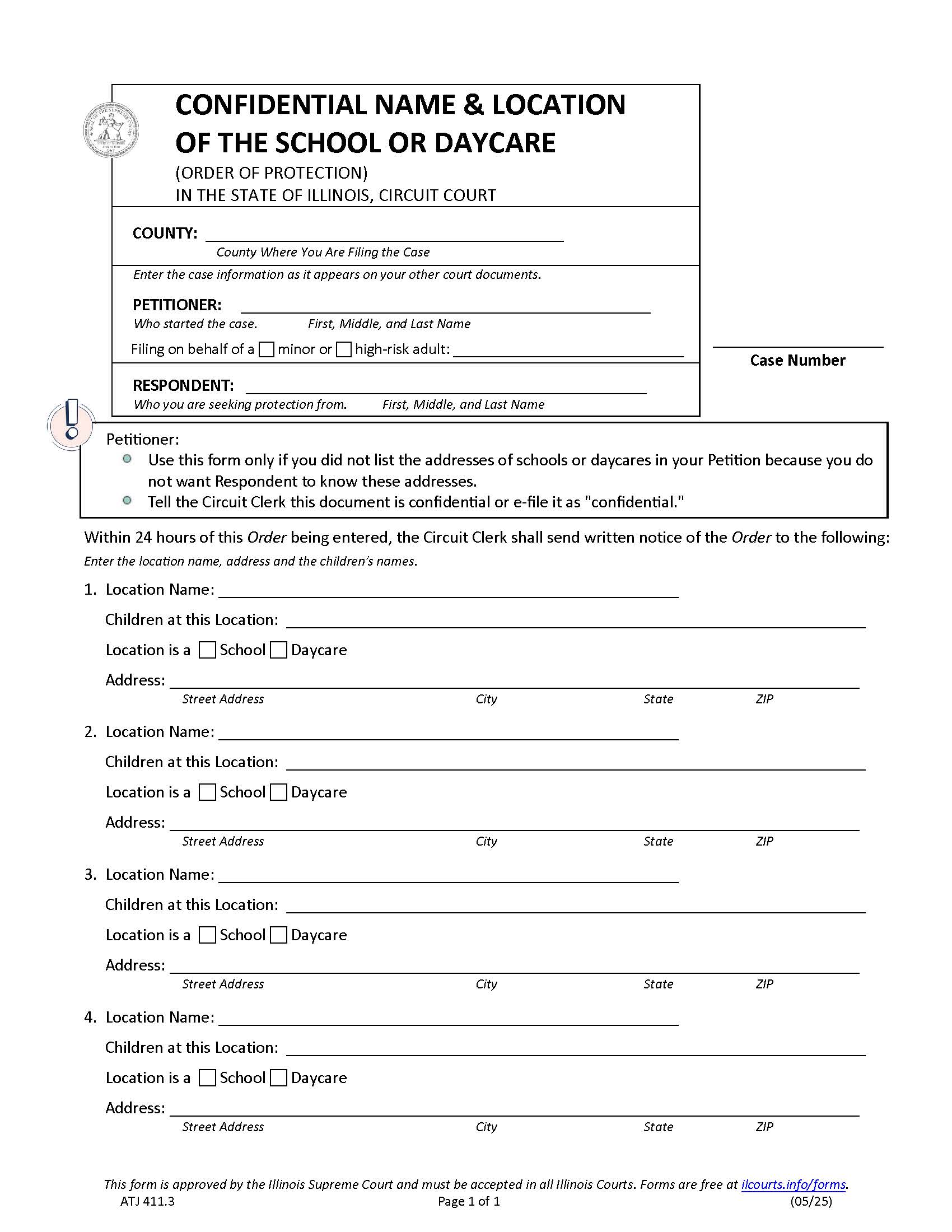 Confidential Name And Location School Or Daycare (Order Of Protection {OP-SC 411.3} | Pdf Fpdf Docx | Illinois