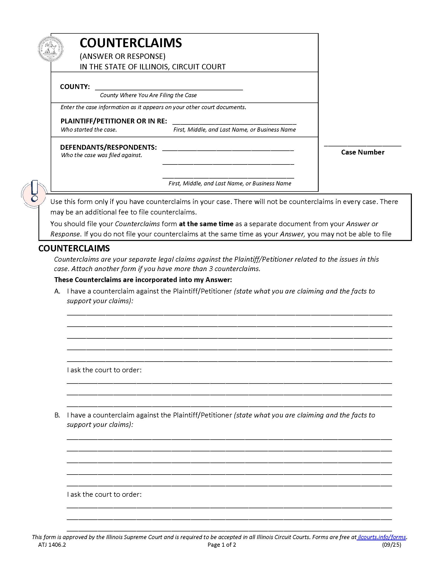 Counterclaims (Answer Or Response) {ATJ 1406.2} | Pdf Fpdf Docx | Illinois