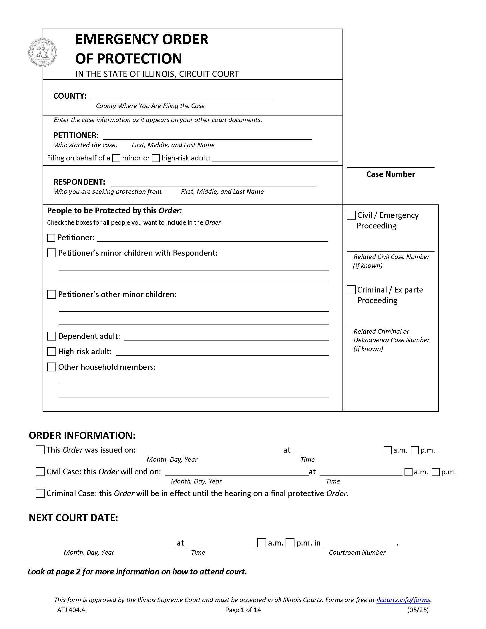 Emergency Order Of Protection {OP-E 404.4} | Pdf Fpdf Docx | Illinois