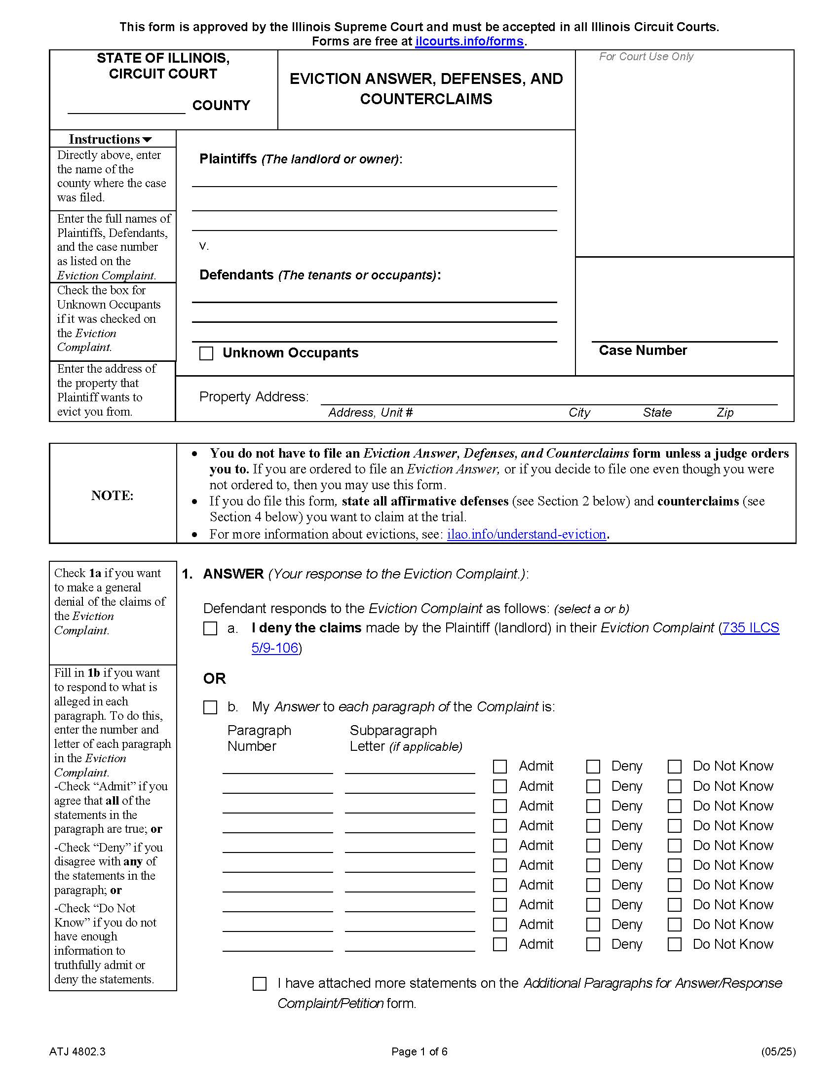 Eviction Answer Defenses And Counterclaims {E-R 4802.3} | Pdf Fpdf Docx | Illinois