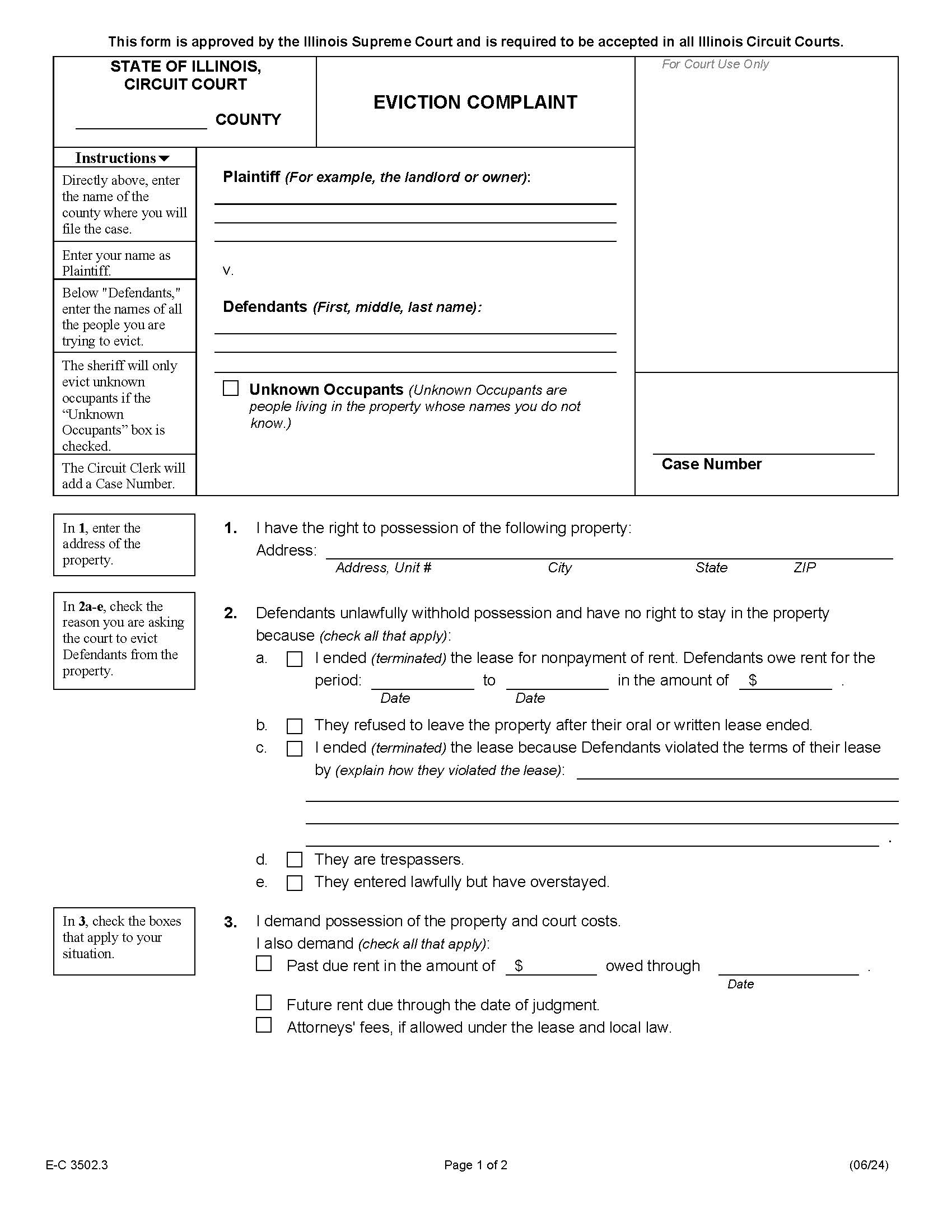 Eviction Complaint {E-C 3502.3} | Pdf Fpdf Docx | Illinois