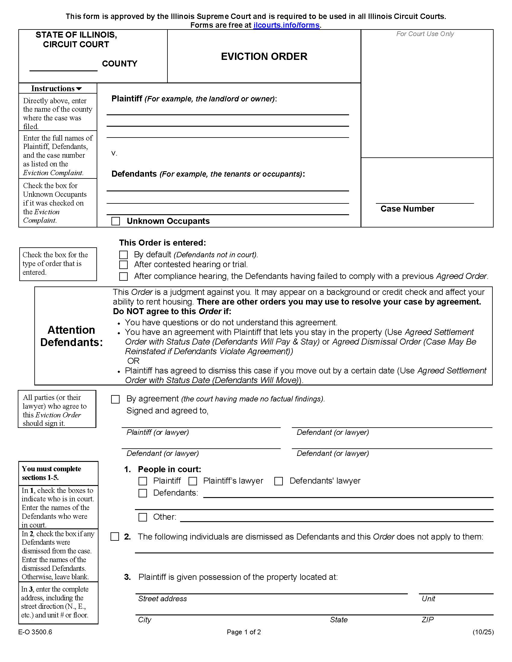 Eviction Order {E-O 3500.6} | Pdf Fpdf Docx | Illinois