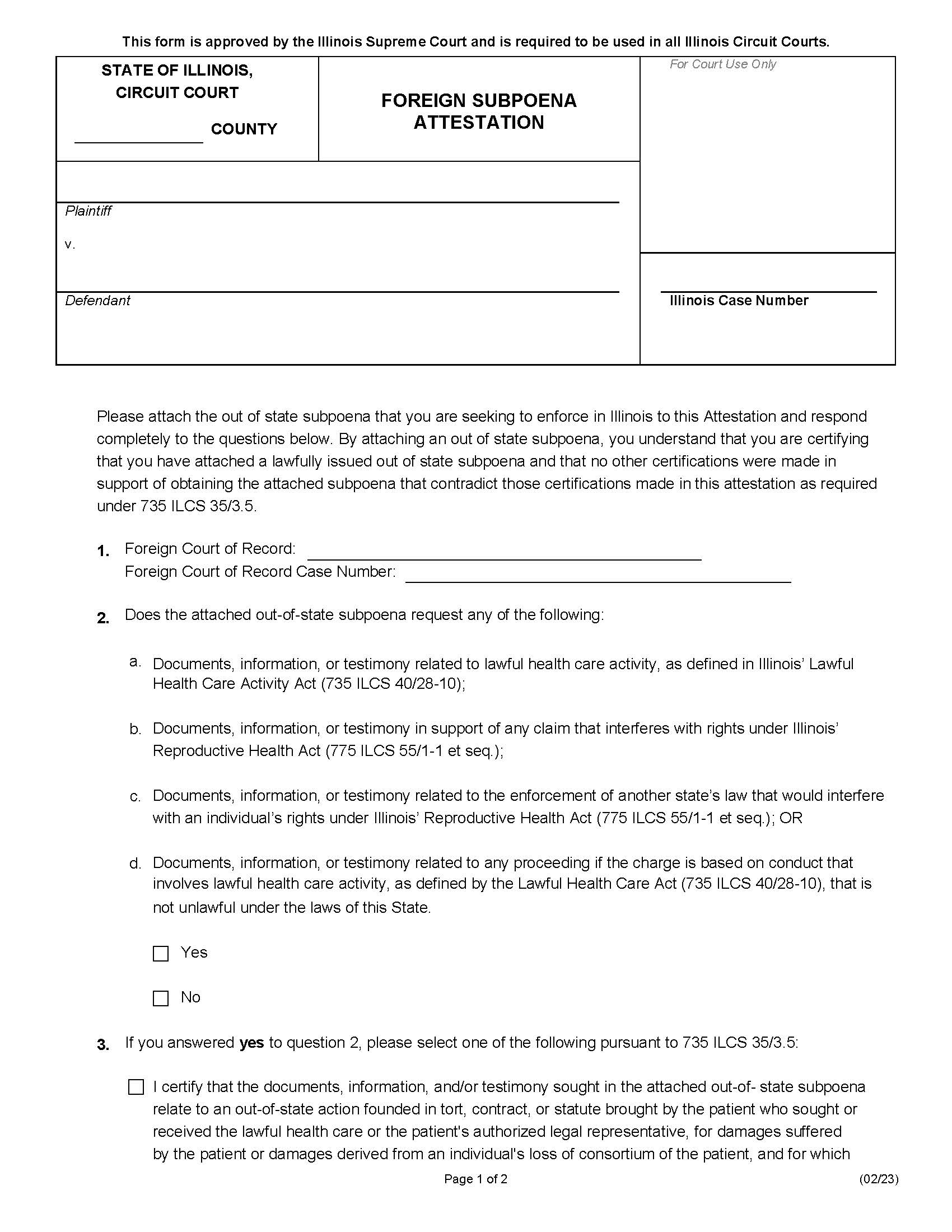 Foreign Subpoena Attestation (Rule 17) | Pdf Fpdf Docx | Illinois