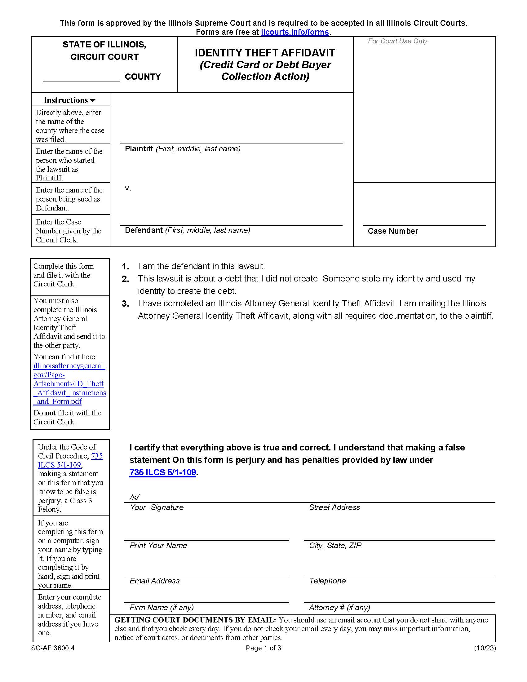 Identity Theft Affidavit (Credit Card Or Debt Buyer Collection Action) {SC-AF 3600.4} | Pdf Fpdf Docx | Illinois