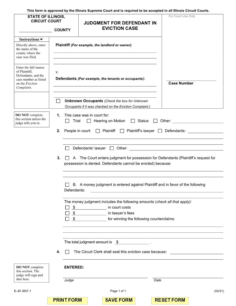 Judgment For Defendant In Eviction Case {E-JD 3607.1} | Pdf Fpdf Docx | Illinois
