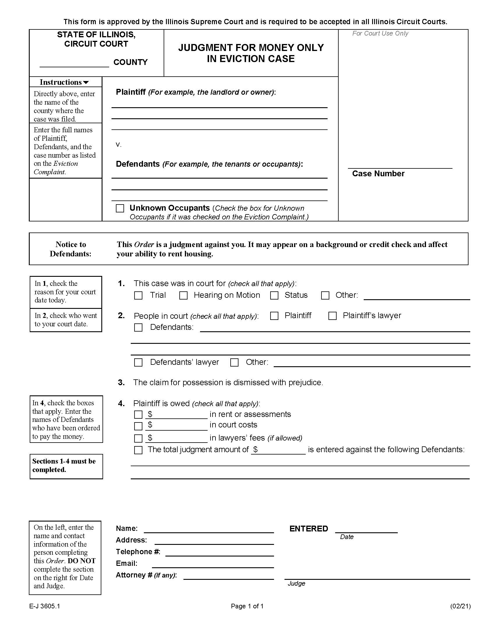 Judgment For Money Only In Eviction Case {E-J 3605.1} | Pdf Fpdf Docx | Illinois