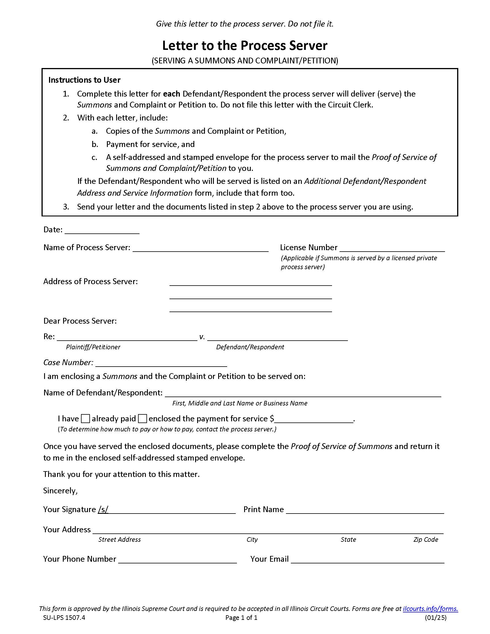 Letter To Process Server {SU-LPS 1507.4} | Pdf Fpdf Docx | Illinois