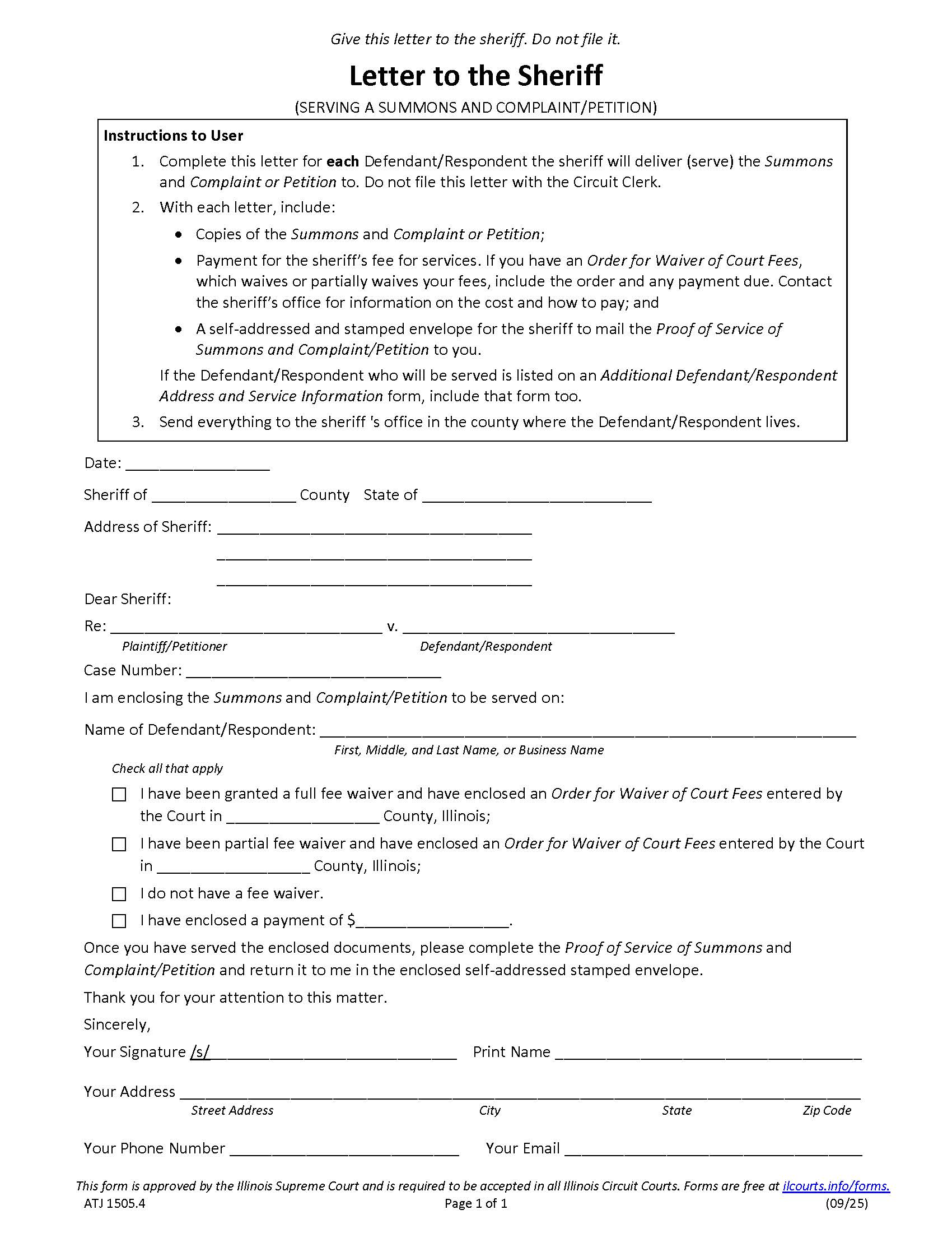 Letter To The Sheriff Serving Summons And Complaint Or Petition {ATJ 1505.4} | Pdf Fpdf Docx | Illinois