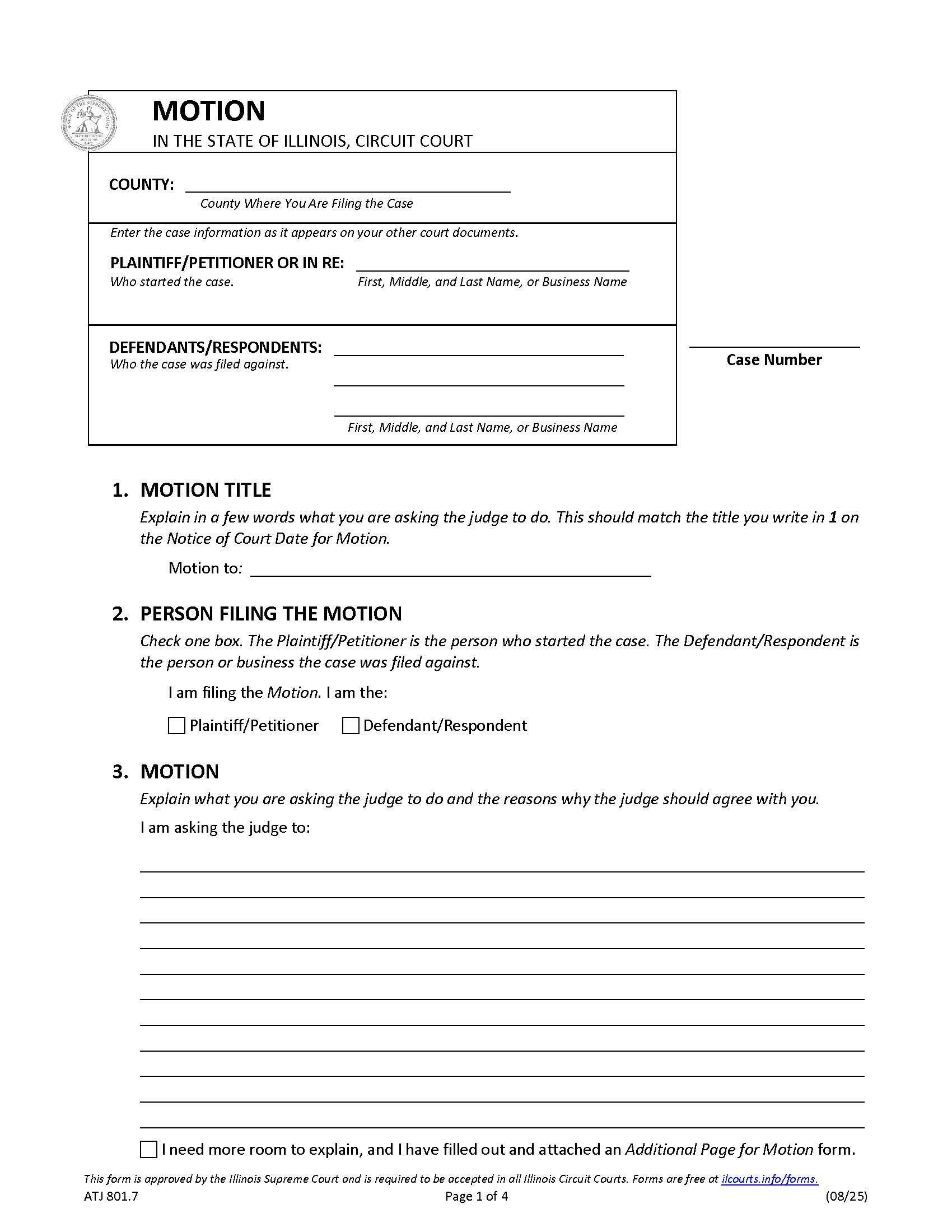 Motion (Blank) {ATJ 801.7} | Pdf Fpdf Docx | Illinois