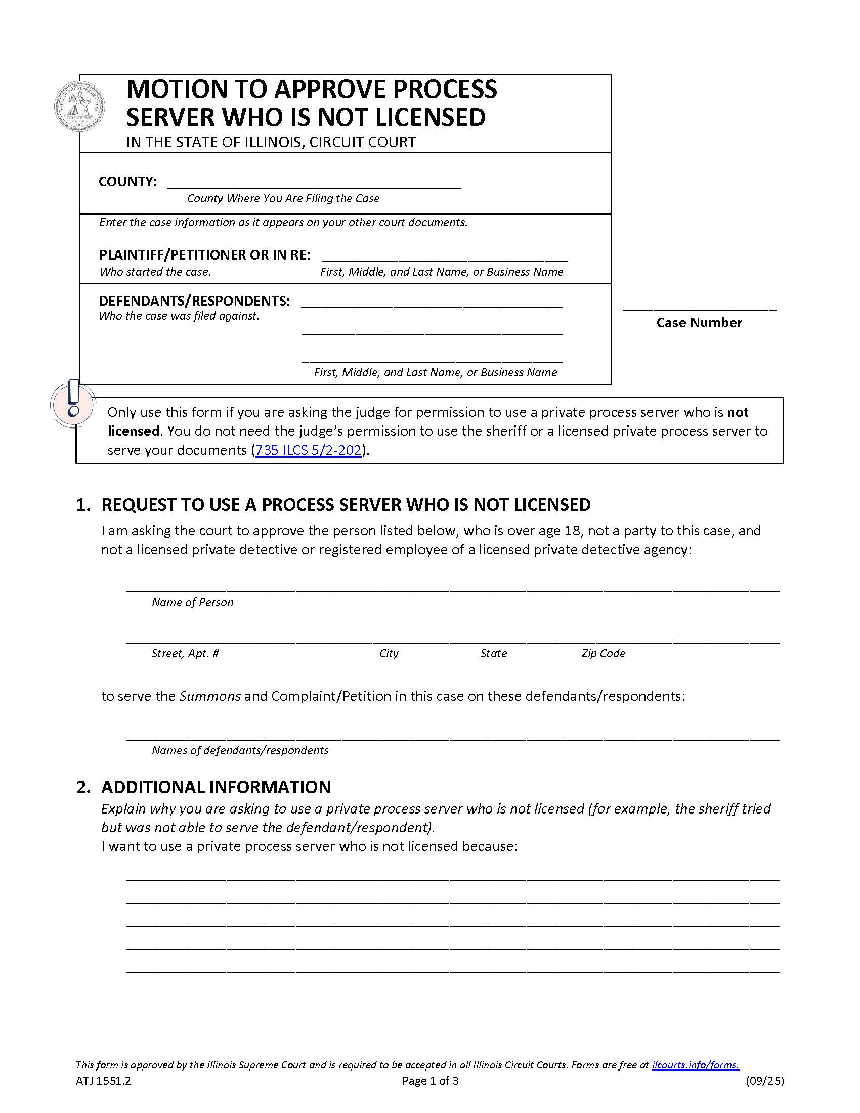 Motion To Approve Process Server Who Is Not Licensed {ATJ 1551.2} | Pdf Fpdf Docx | Illinois