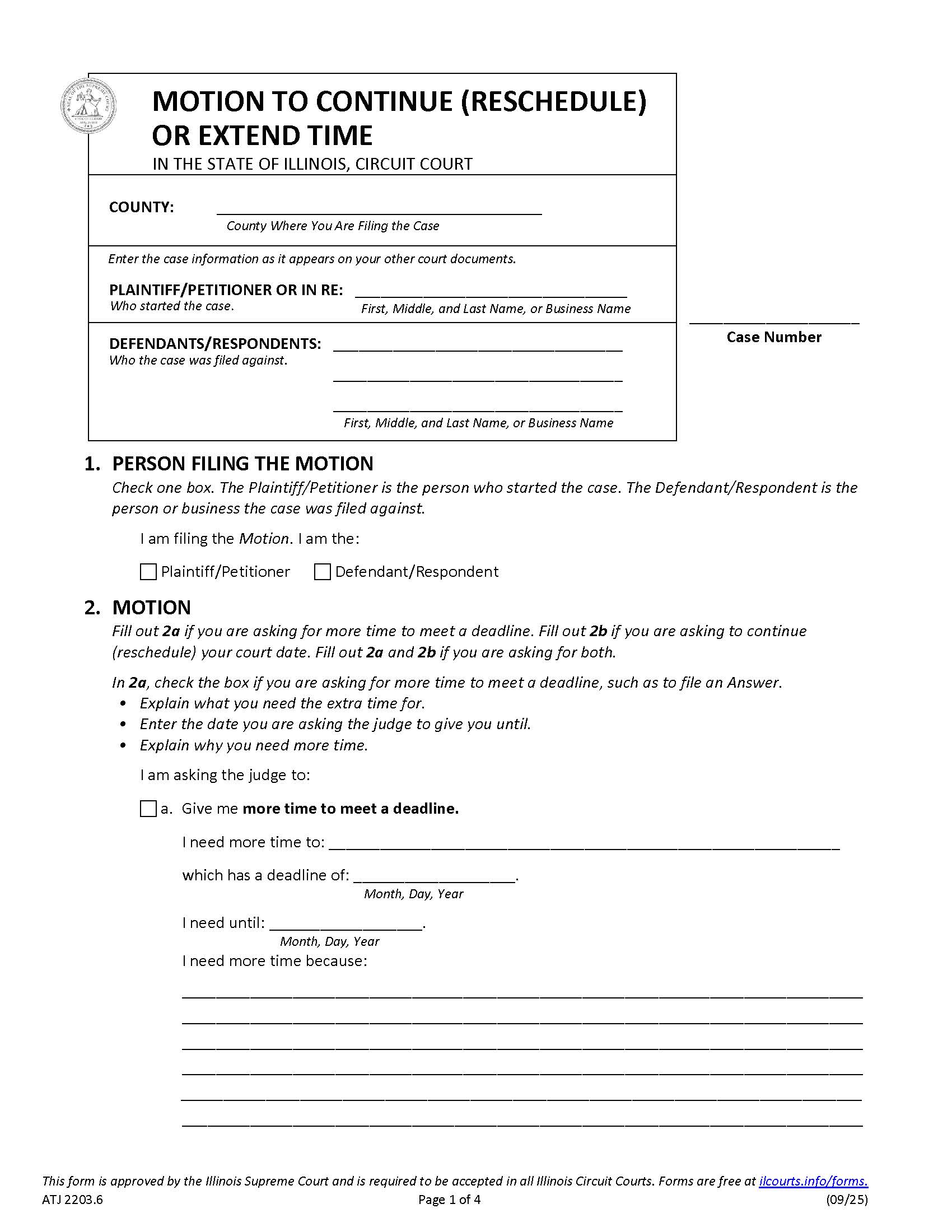 Motion To Continue (Reschedule) Or Extend Time {ATJ 2203.6} | Pdf Fpdf Docx | Illinois