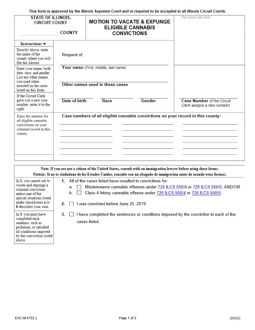 Motion To Vacate And Expunge Cannabis Convictions {EXC-M 4702.2} | Pdf Fpdf Docx | Illinois
