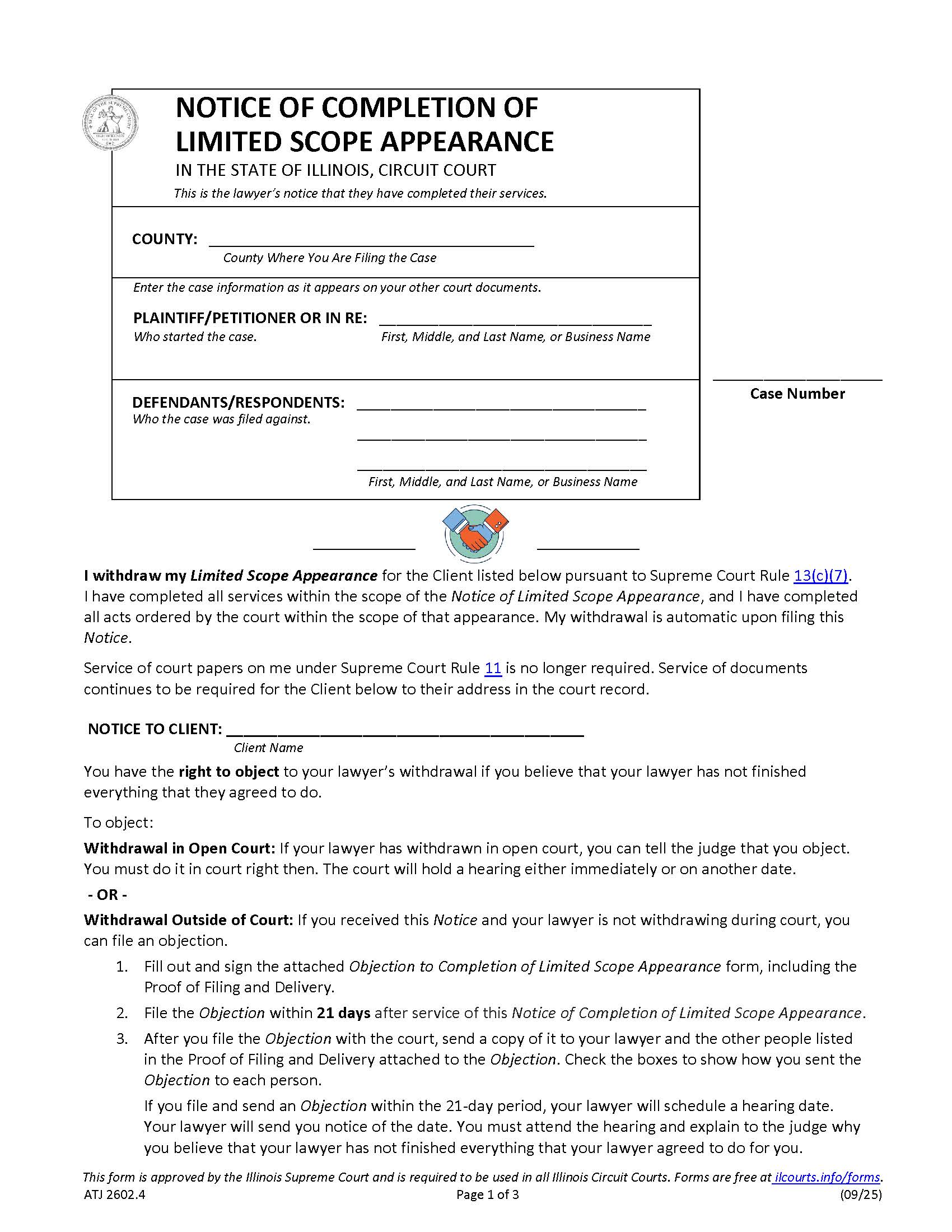 Notice Of Completion Of Limited Scope Appearance {ATJ 2602.4} | Pdf Fpdf Doc Docx | Illinois