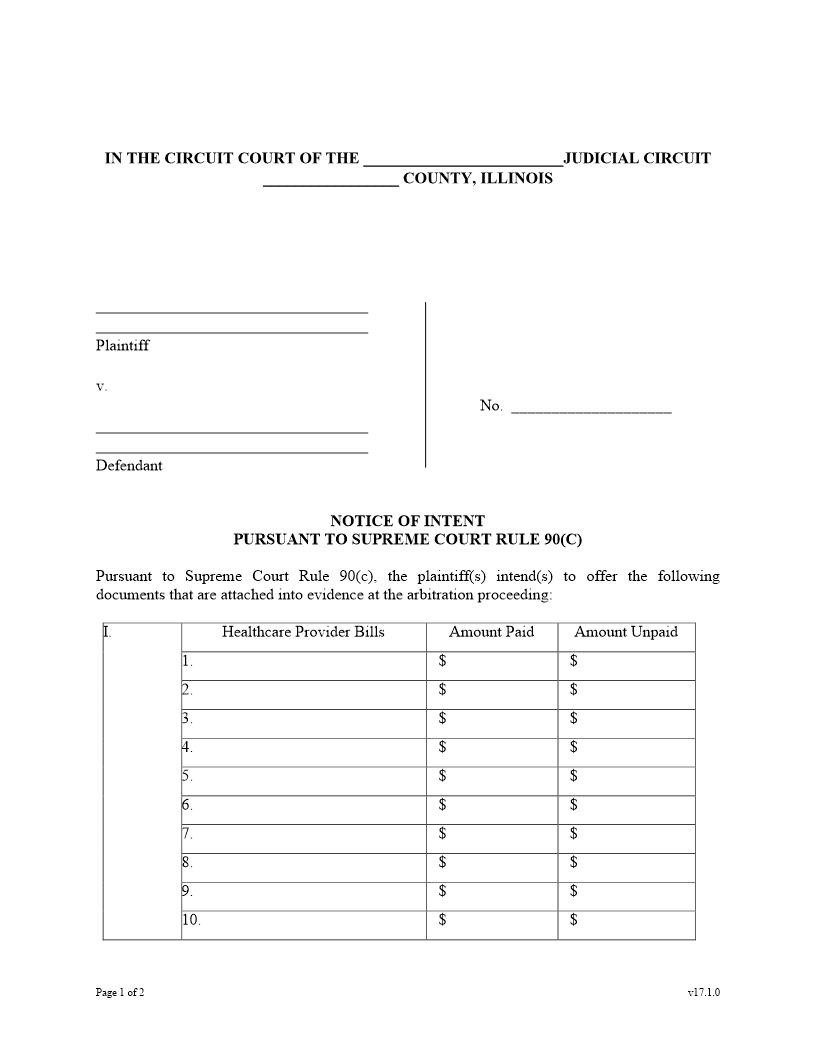 Notice Of Intent Supreme Court Rule 90C (Evidence - Arbitration) | Pdf Fpdf Docx | Illinois