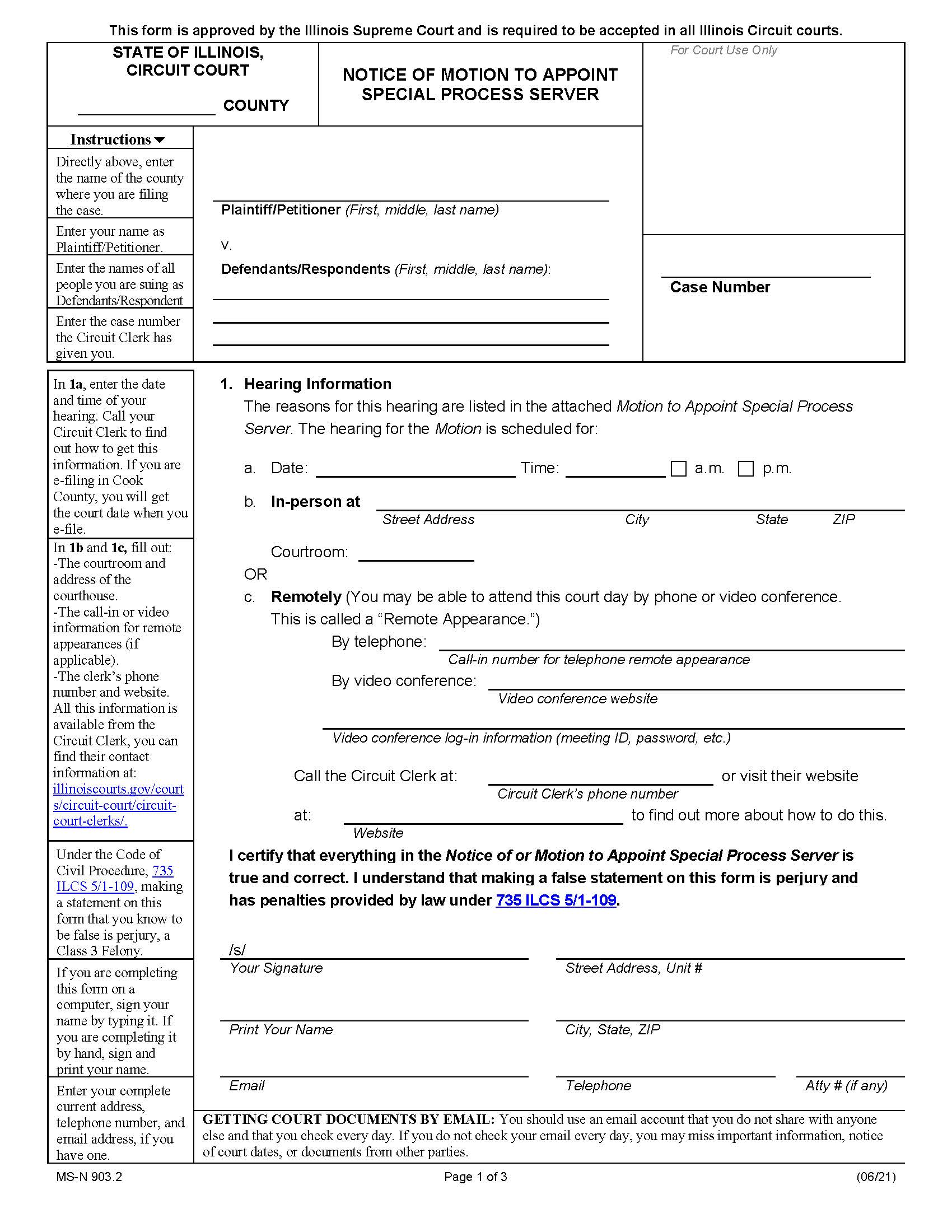 Notice Of Motion To Appoint Special Process Server {MS-N 903.2} | Pdf Fpdf Docx | Illinois