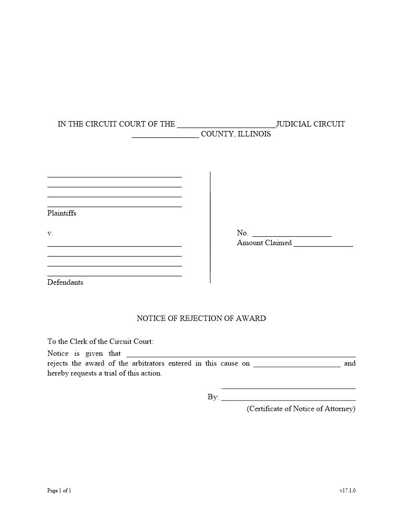 Notice Of Rejection Of Award (Supreme Court Rule 95) | Pdf Fpdf Docx | Illinois