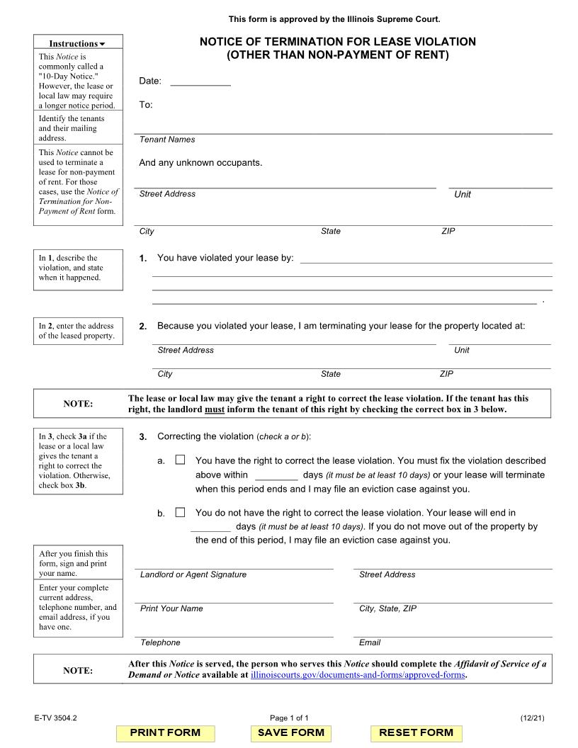 Notice Of Termination For Lease Violation (Other Than Non-Payment) {E-TV 3504.2} | Pdf Fpdf Docx | Illinois