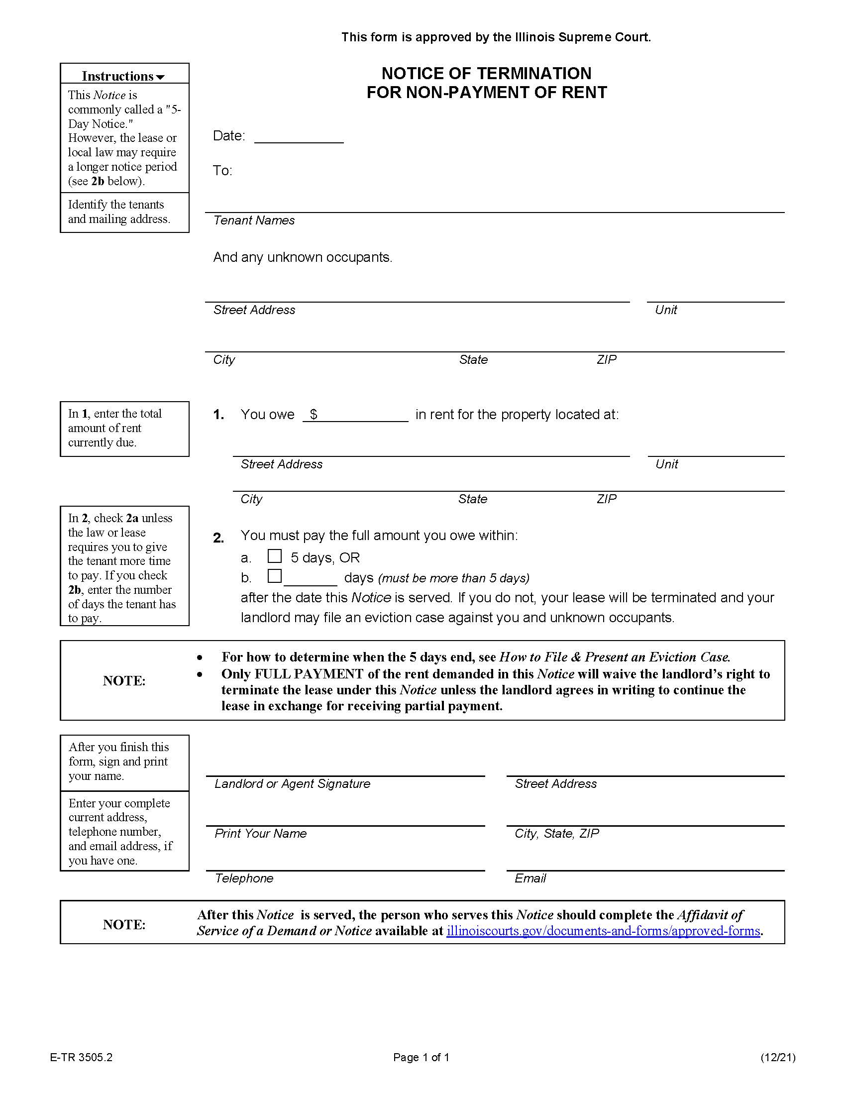Notice Of Termination For Non-Payment Of Rent {E-TR 3505.2} | Pdf Fpdf Docx | Illinois