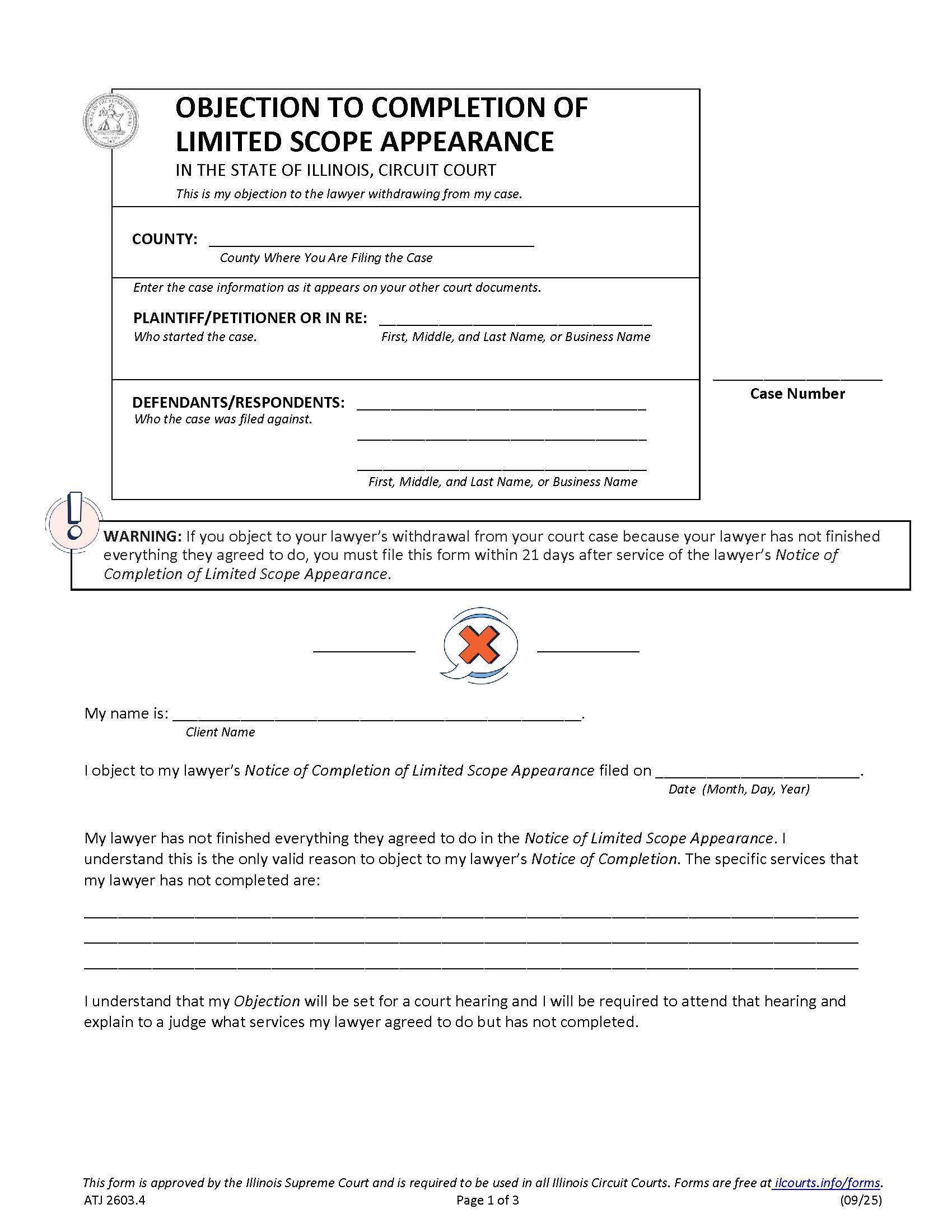 Objection To Completion Of Limited Scope Appearance {ATJ 2603.4} | Pdf Fpdf Doc Docx | Illinois